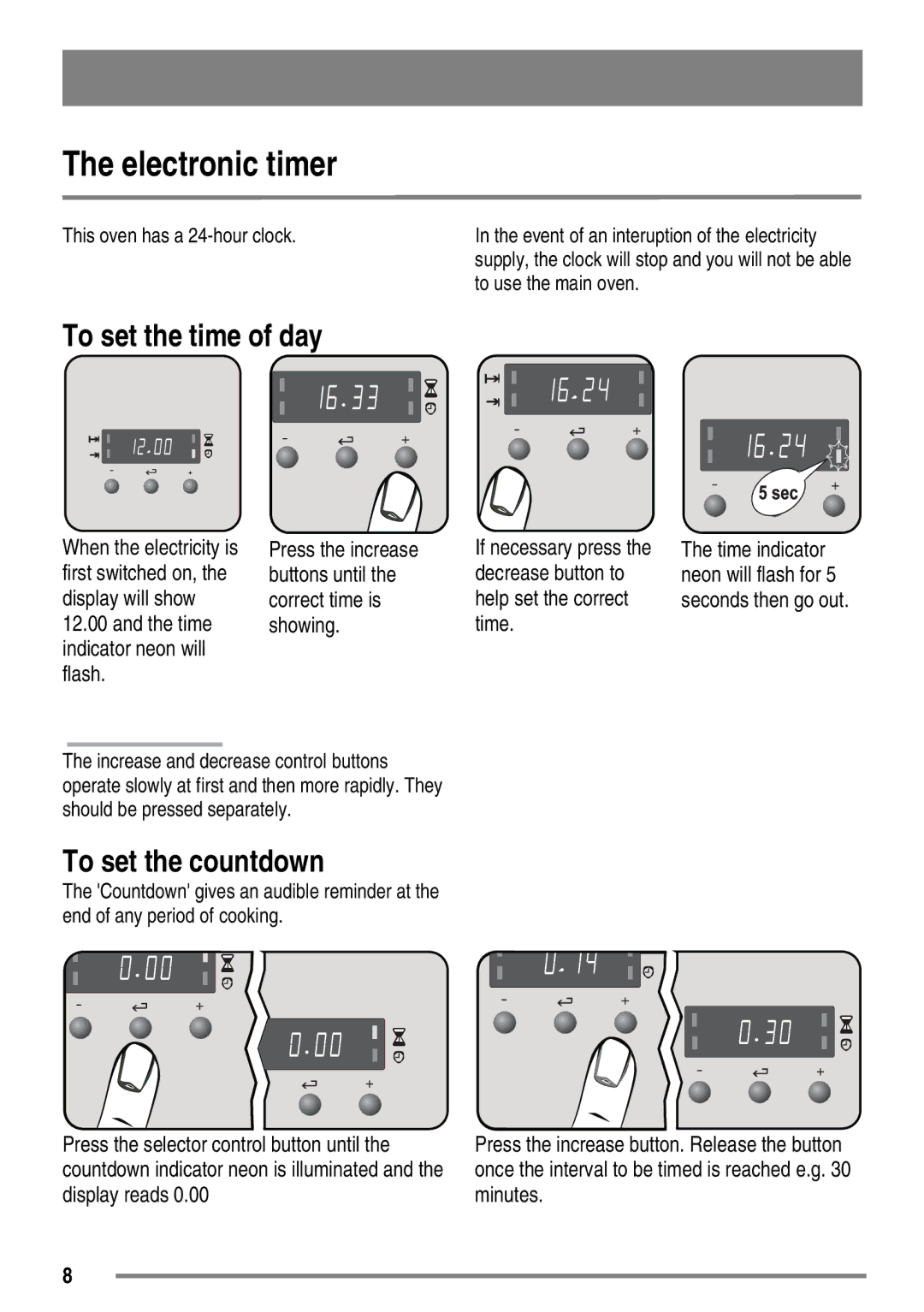 Zanussi FH10 user manual Electronic timer, To set the time of day, To set the countdown 