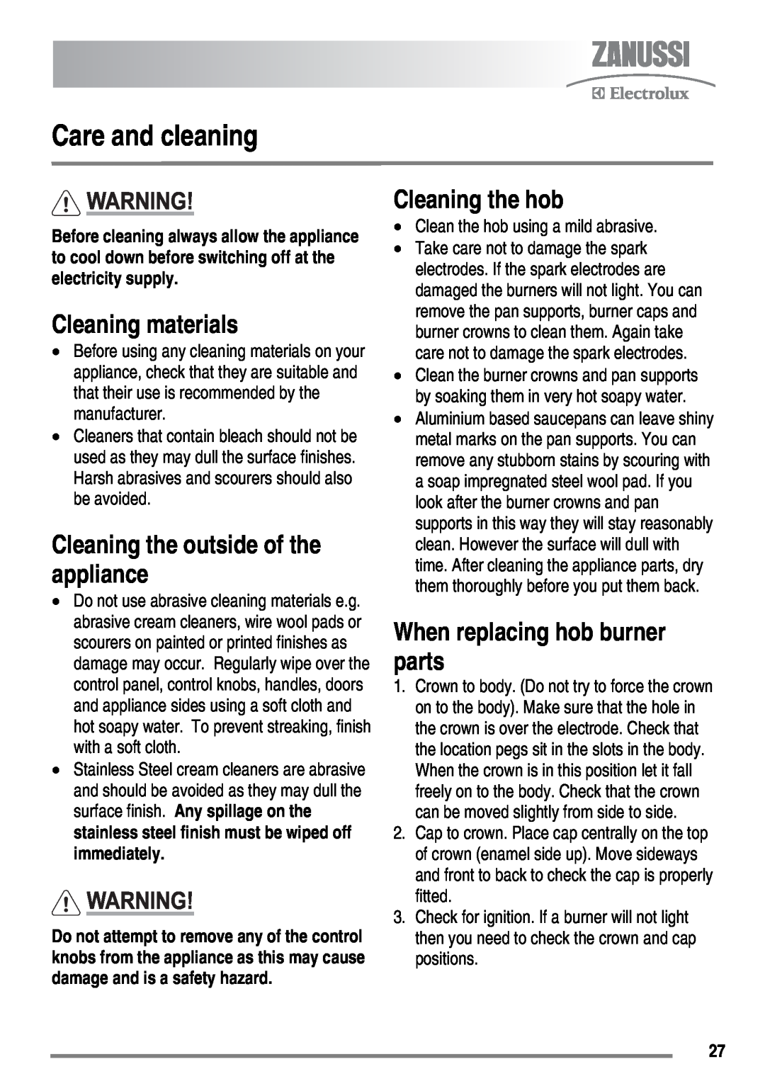 Zanussi FH10 user manual Care and cleaning, Cleaning materials, Cleaning the outside of the appliance, Cleaning the hob 