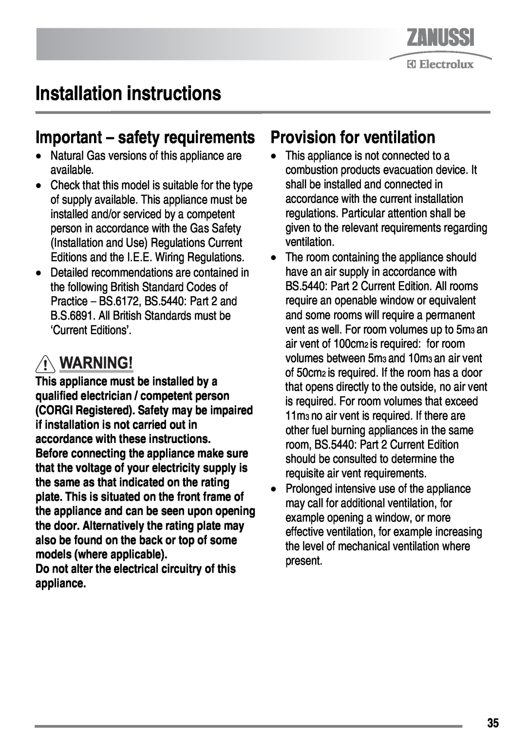 Zanussi FH10 user manual Installation instructions, Provision for ventilation, Important - safety requirements 