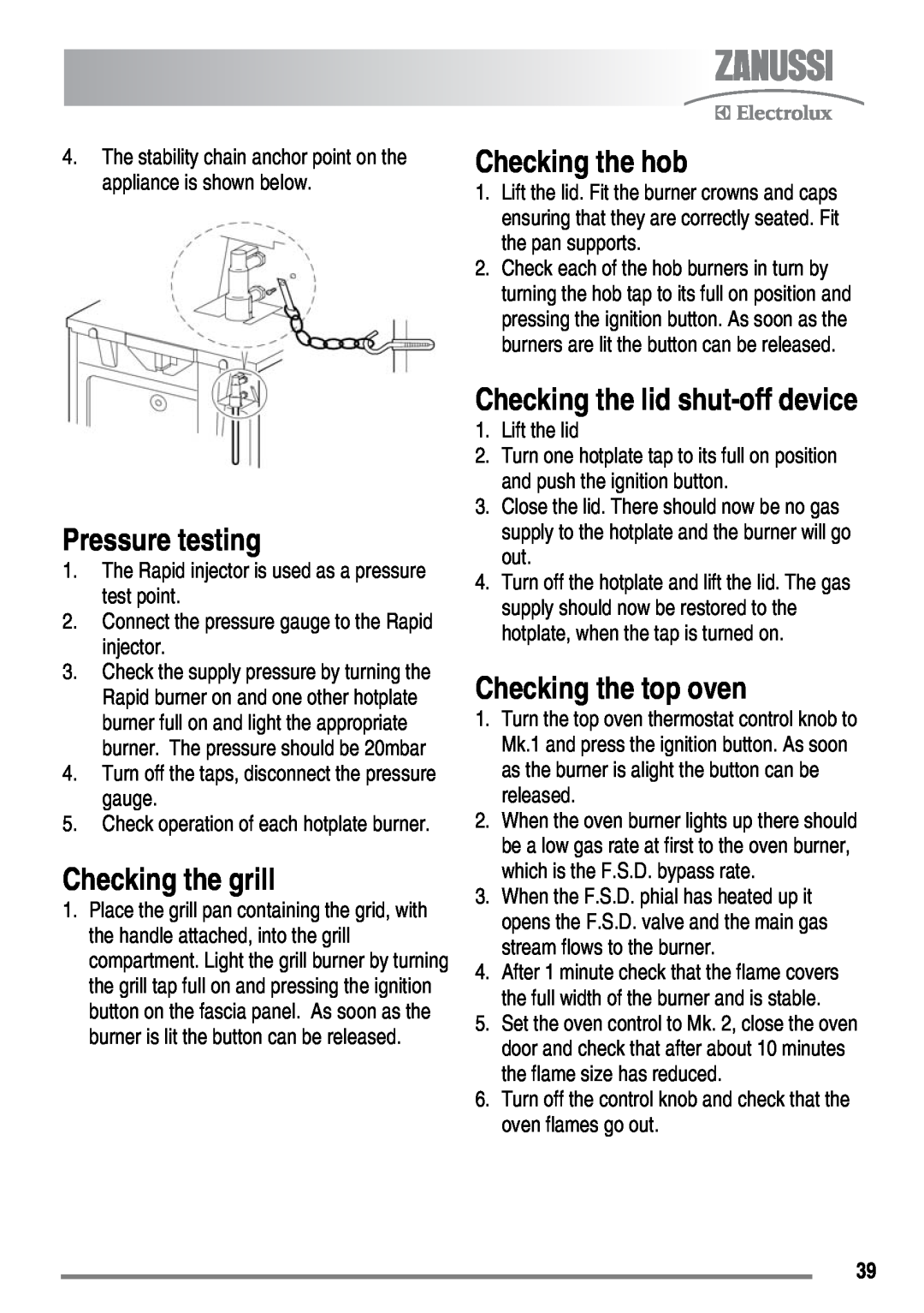 Zanussi FH10 user manual Pressure testing, Checking the grill, Checking the hob, Checking the top oven, Lift the lid 