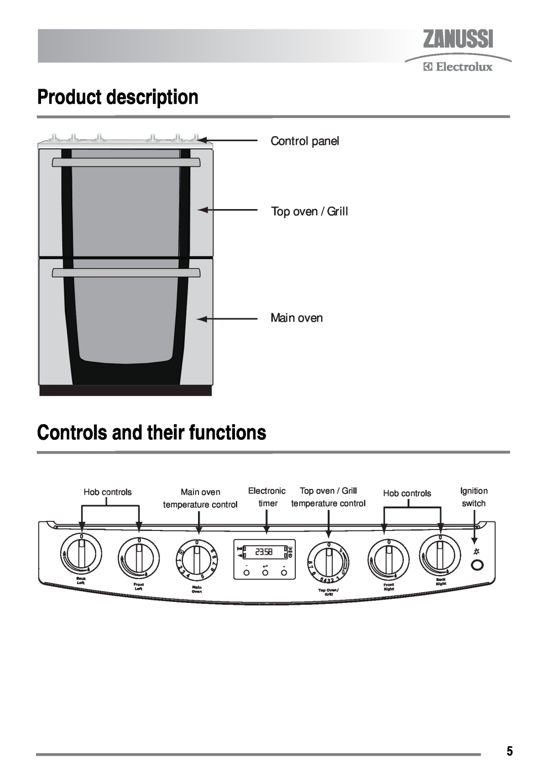 Zanussi FH10 Product description, Controls and their functions, Control panel Top oven / Grill Main oven, timer, switch 