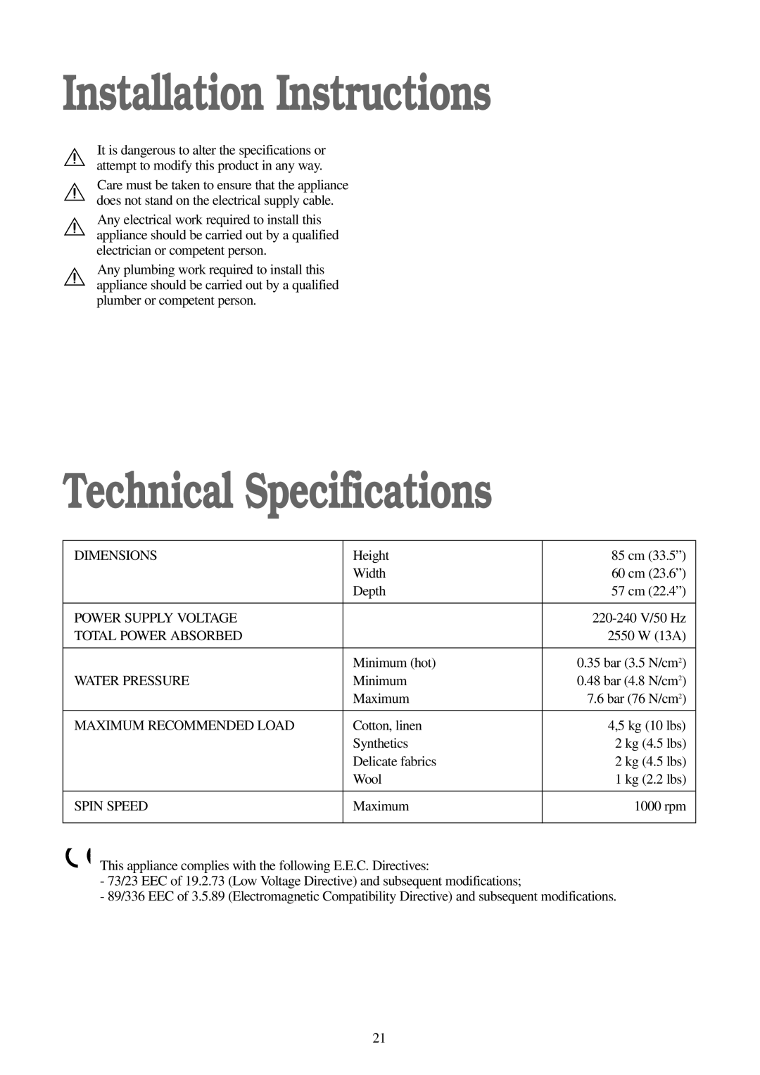 Zanussi FJ 1094 G manual Installation Instructions, Technical Specifications 