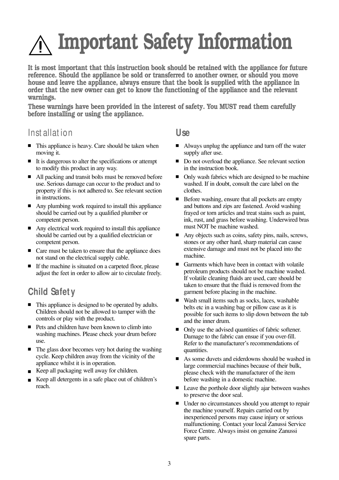 Zanussi FJ 1094 G manual Installation, Child Safety, Use 