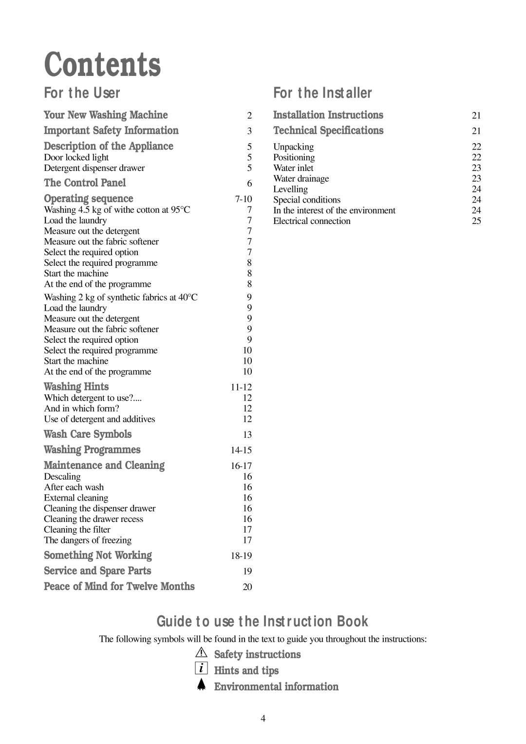 Zanussi FJ 1094 G manual Contents 