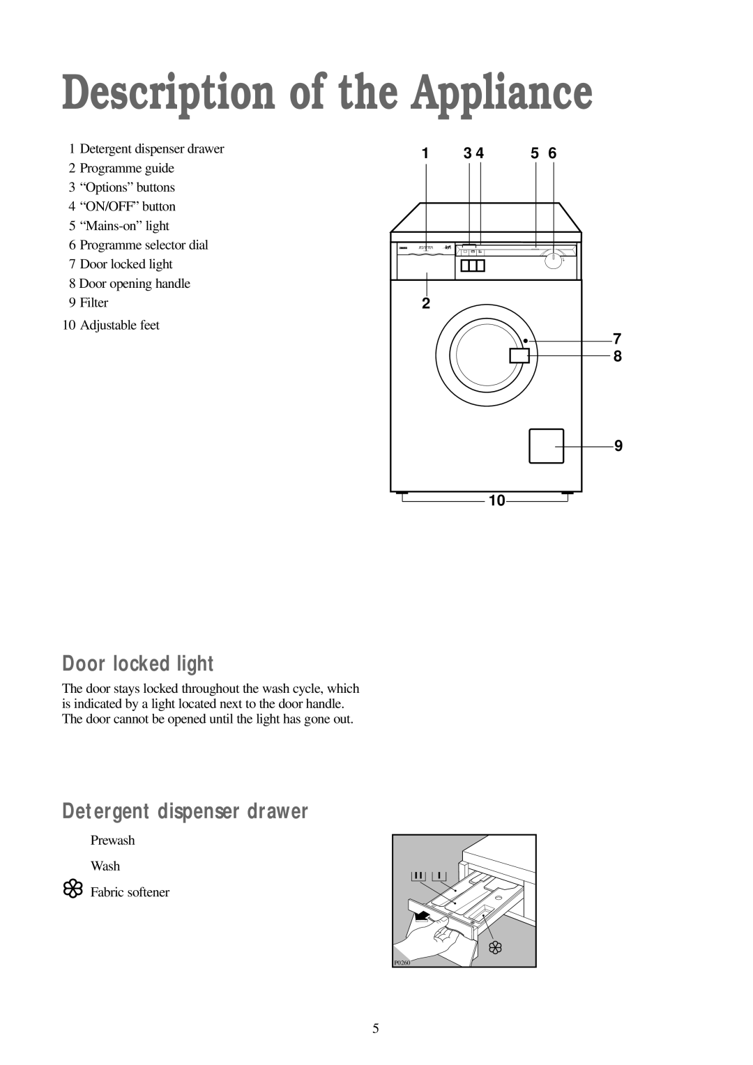 Zanussi FJ 1094 G manual Description of the Appliance, Door locked light, Detergent dispenser drawer 