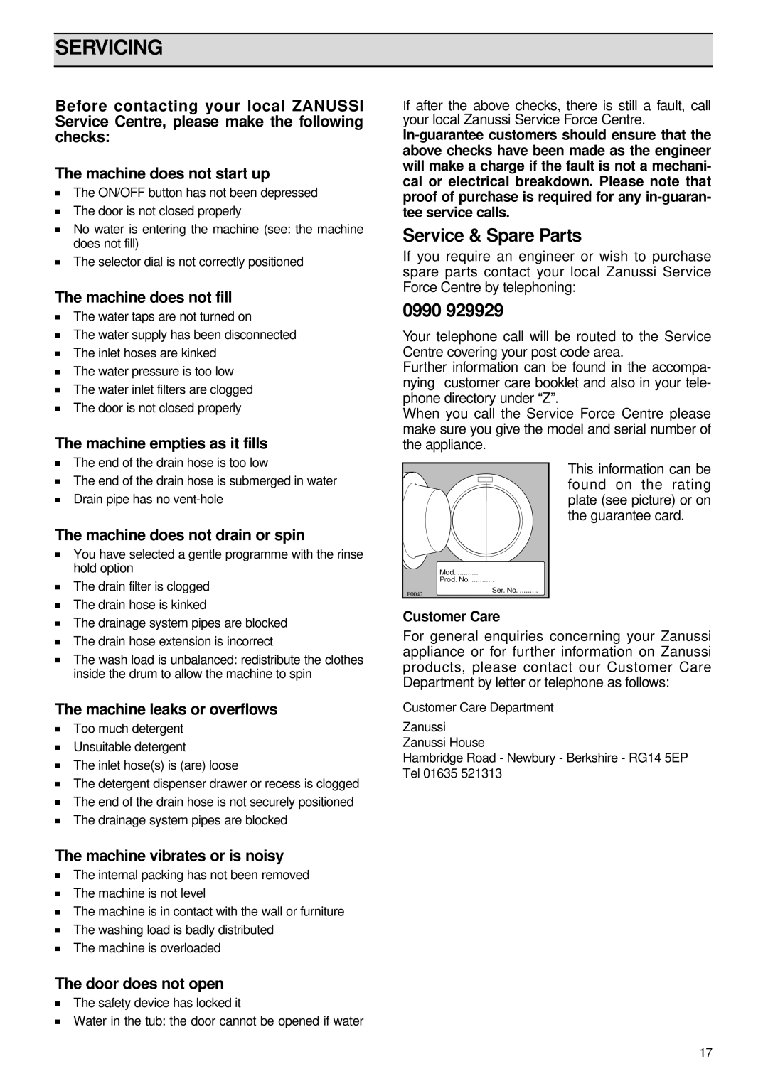 Zanussi FJ 1296 manual Servicing 