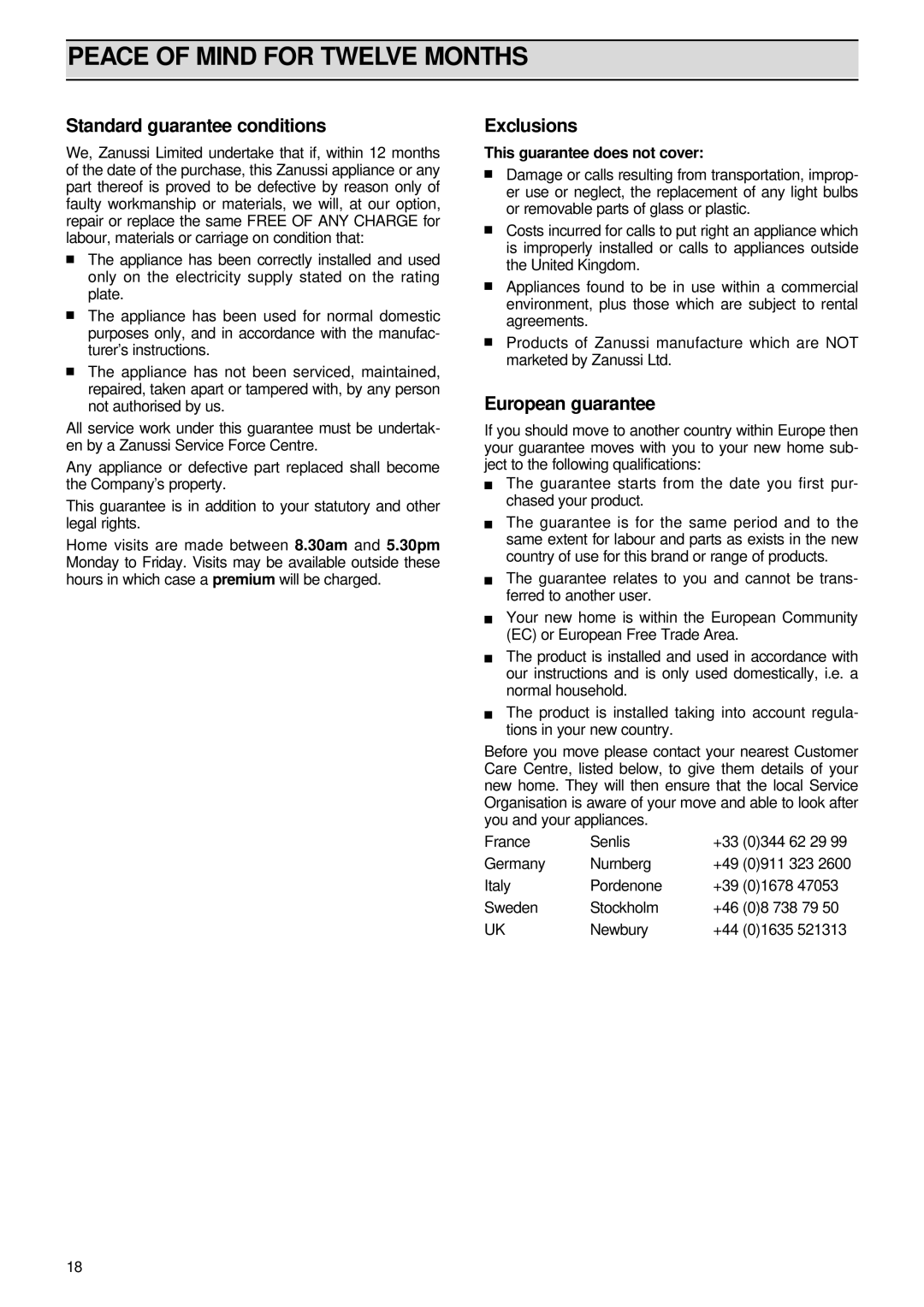 Zanussi FJ 1296 manual Peace of Mind for Twelve Months, Standard guarantee conditions, Exclusions, European guarantee 