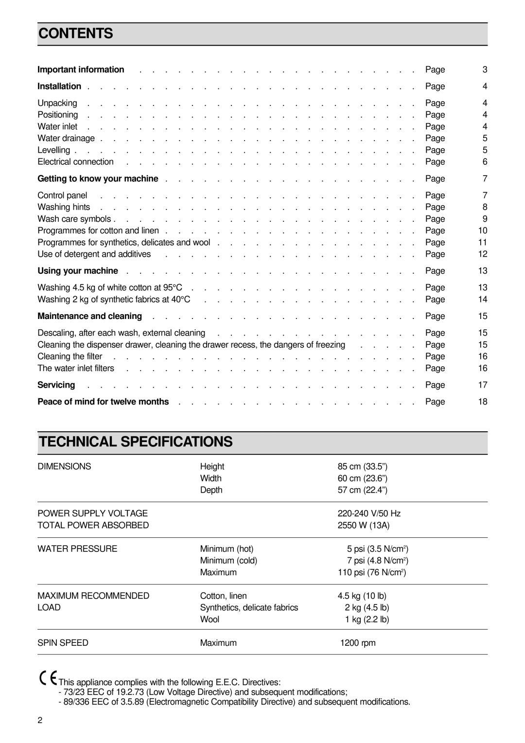 Zanussi FJ 1296 manual Contents, Technical Specifications 