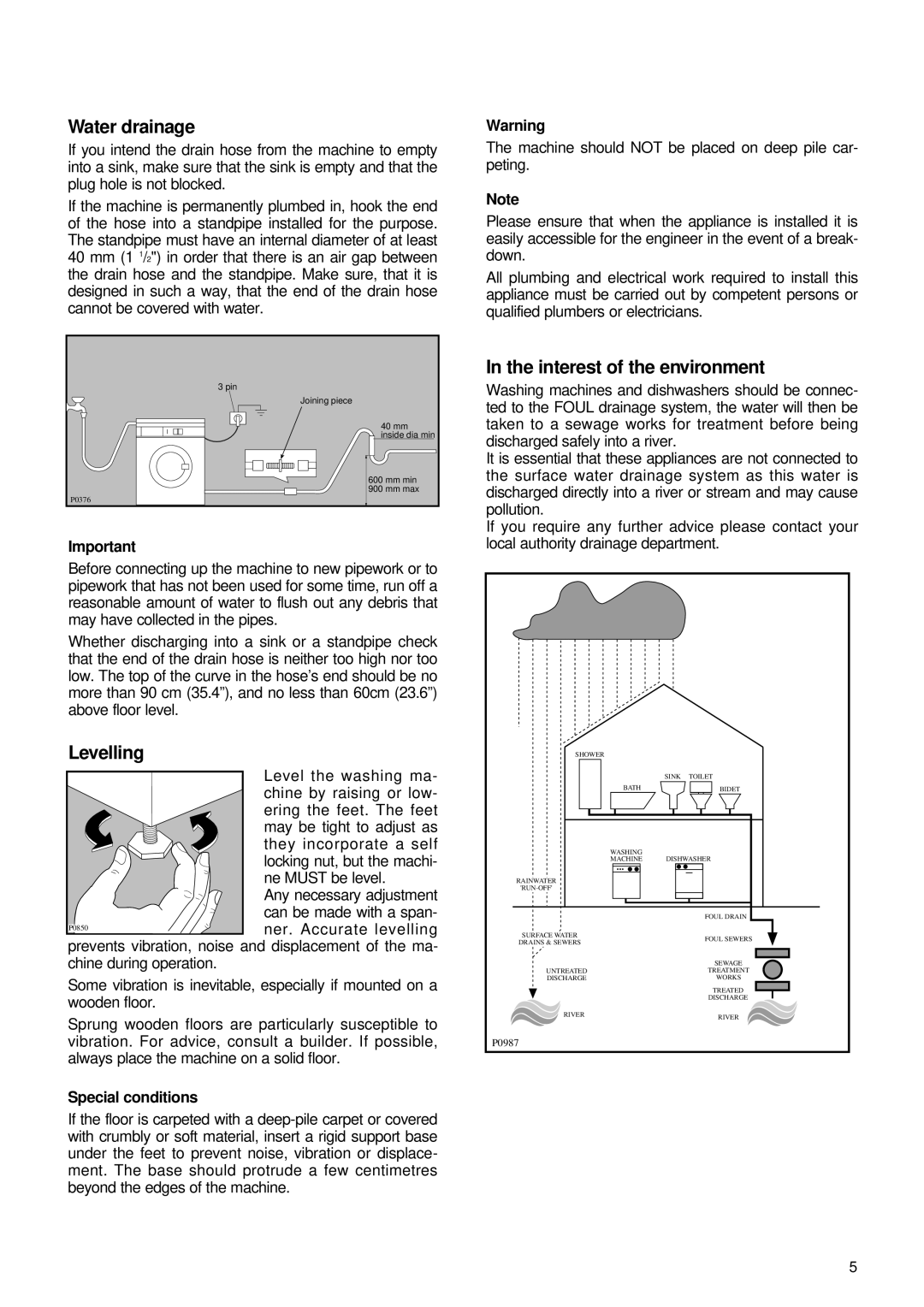 Zanussi FJ 1296 manual Water drainage, Levelling, Interest of the environment, Special conditions 