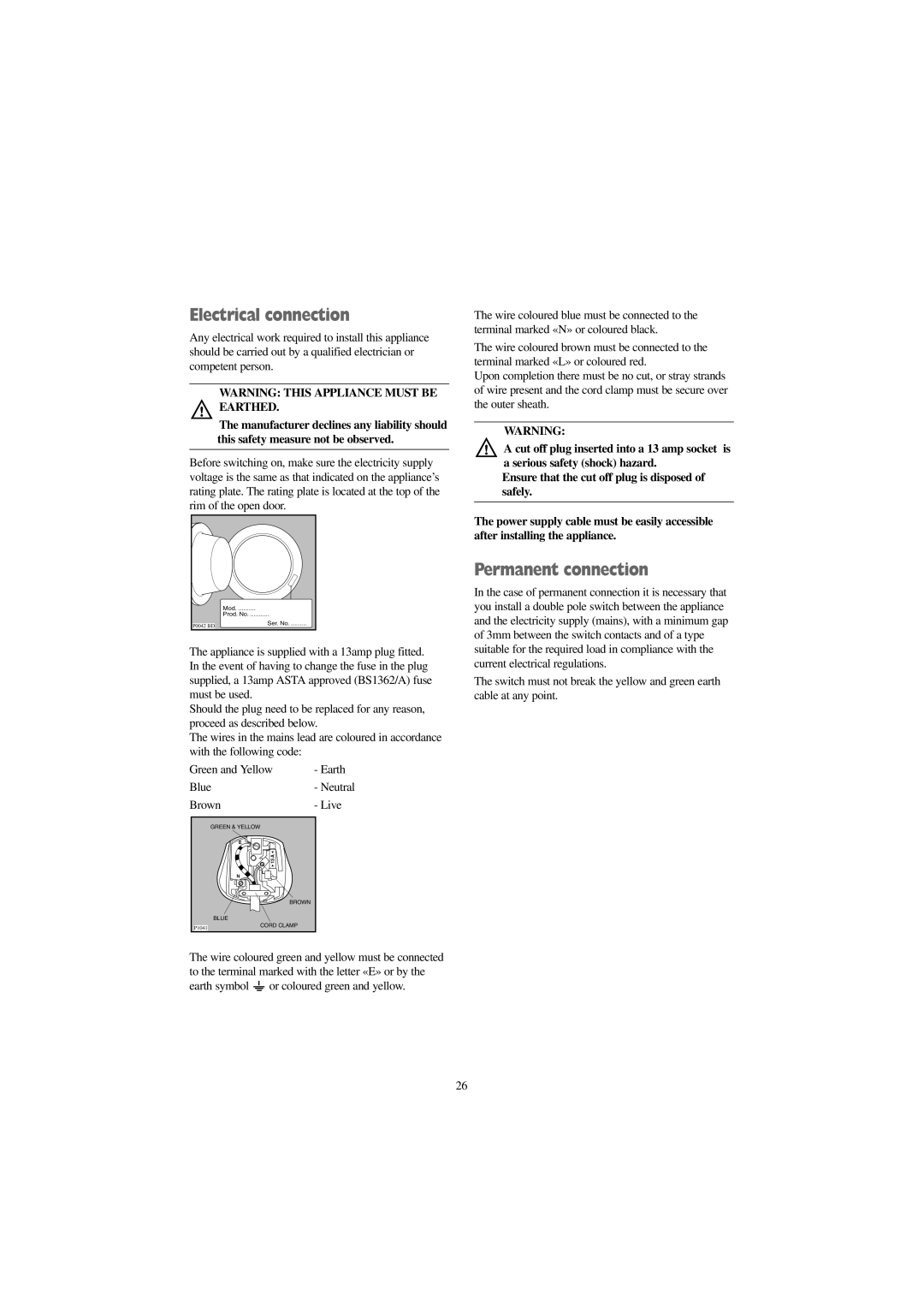 Zanussi FJD 1466 W, FJD 1466 S, FJD 1666 W manual Electrical connection, Permanent connection 