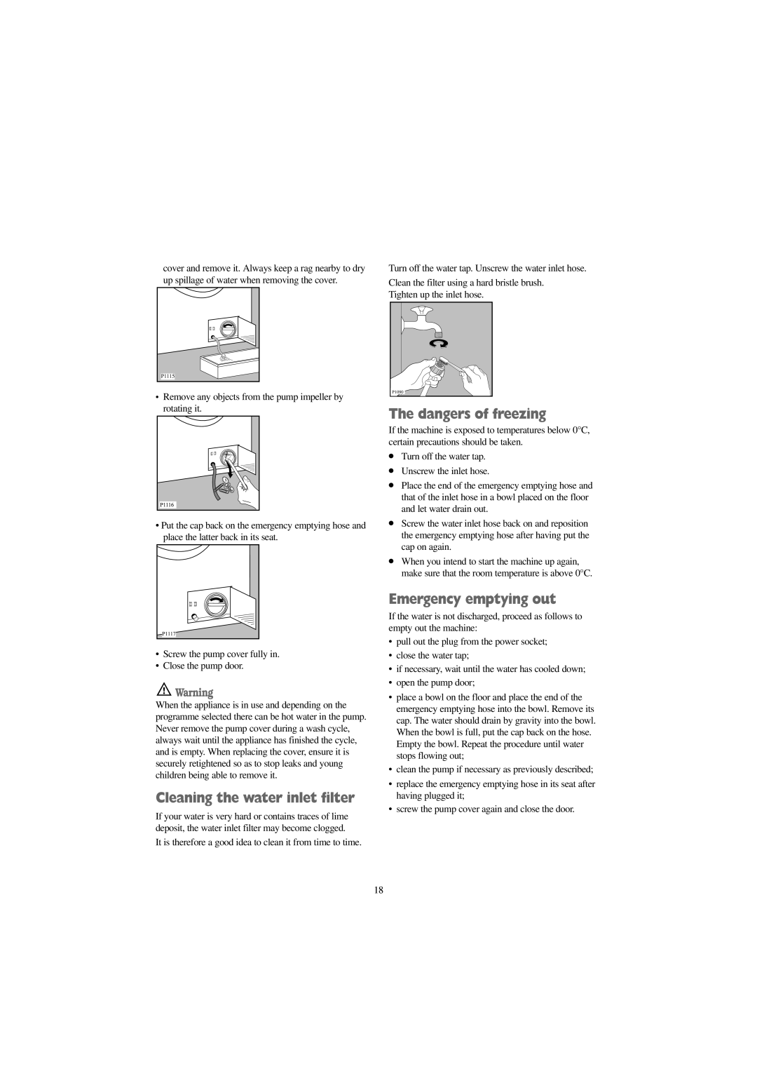 Zanussi FJR 1454 W, FJR 1254 W manual Cleaning the water inlet filter, Emergency emptying out 