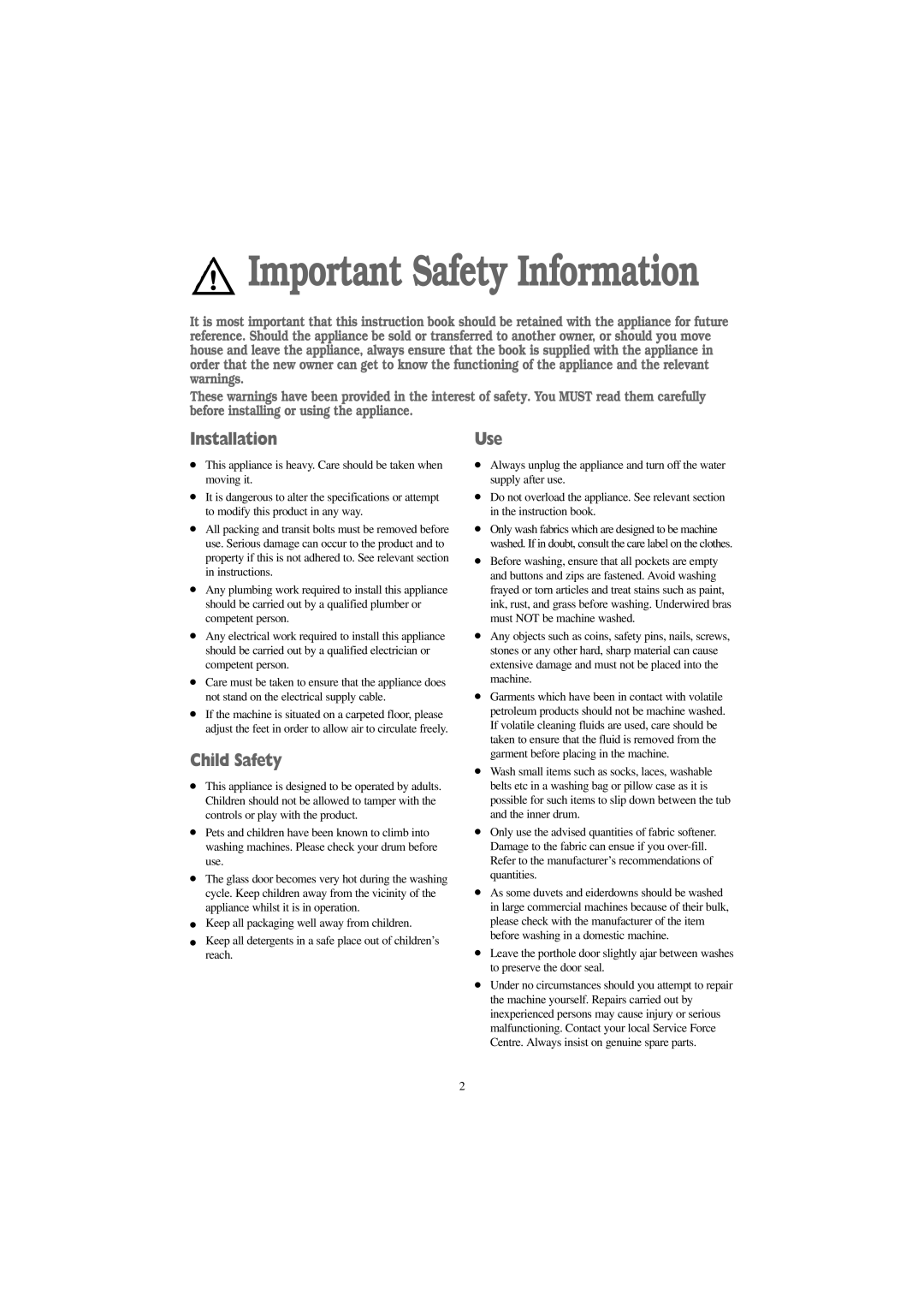 Zanussi FJR 1454 W, FJR 1254 W manual Installation, Child Safety, Use 