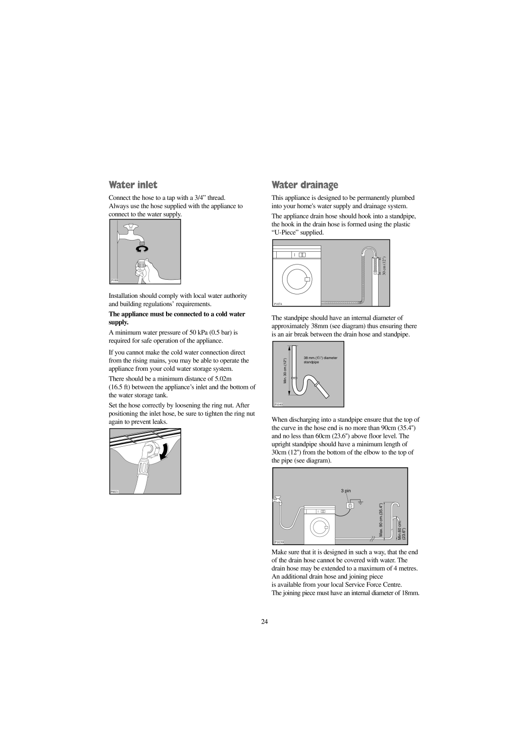 Zanussi FJR 1454 W, FJR 1254 W manual Water inlet, Water drainage, Appliance must be connected to a cold water supply 