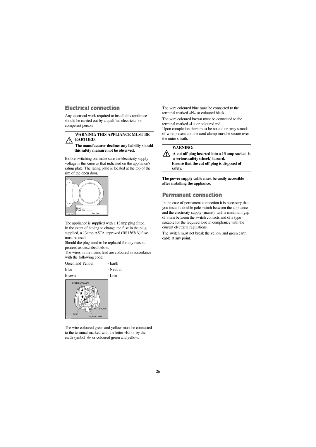 Zanussi FJR 1454 W, FJR 1254 W manual Electrical connection, Permanent connection 