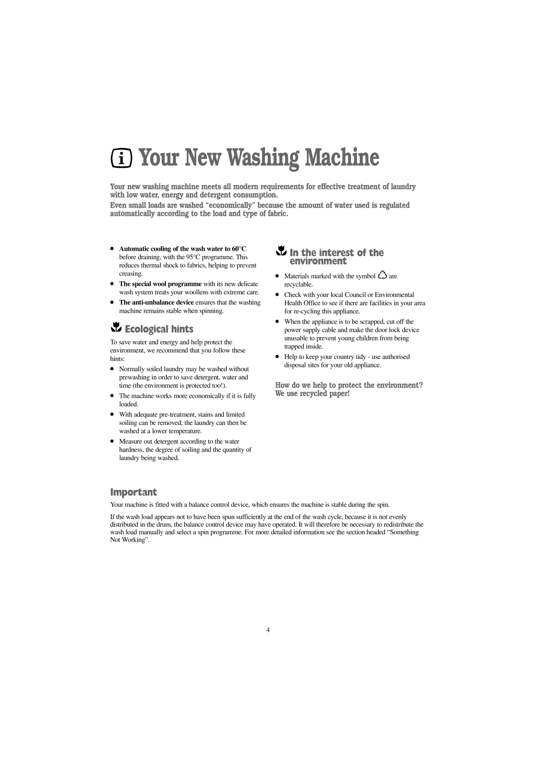 Zanussi FJR 1454 W, FJR 1254 W manual Your New Washing Machine, Ecological hints, Interest of the environment 