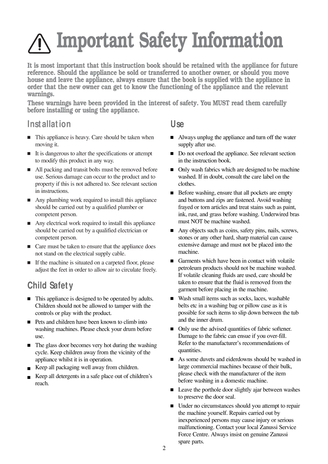 Zanussi FJS 1097 NW manual Installation, Child Safety, Use 