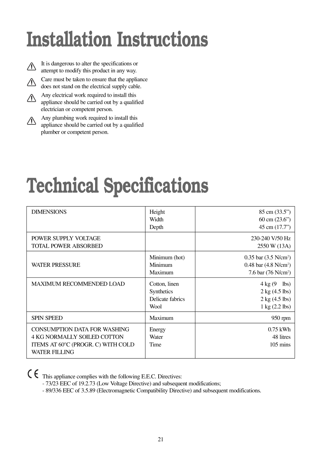 Zanussi FJS 1097 NW manual Installation Instructions, Technical Specifications 