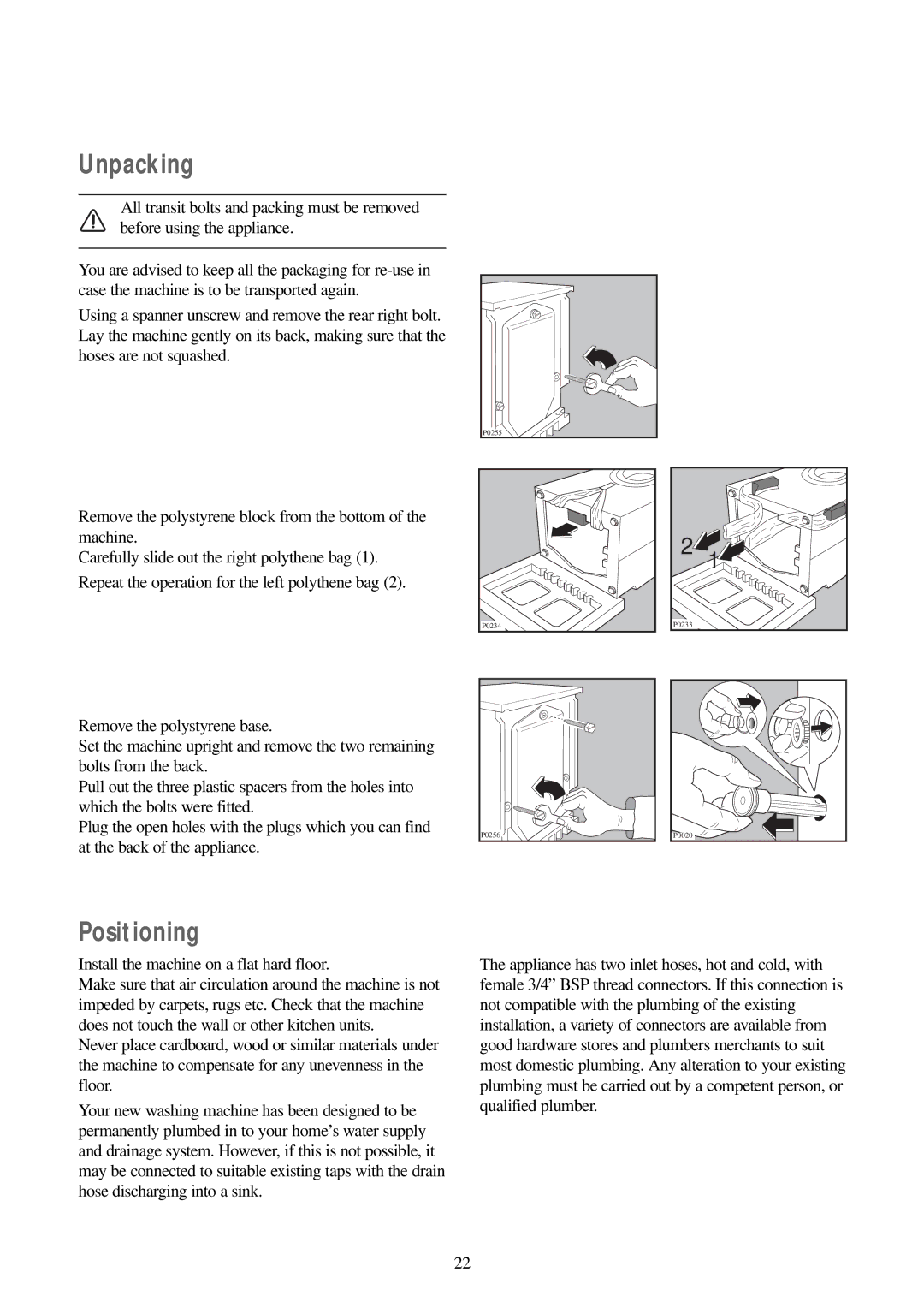 Zanussi FJS 1097 NW manual Unpacking, Positioning 