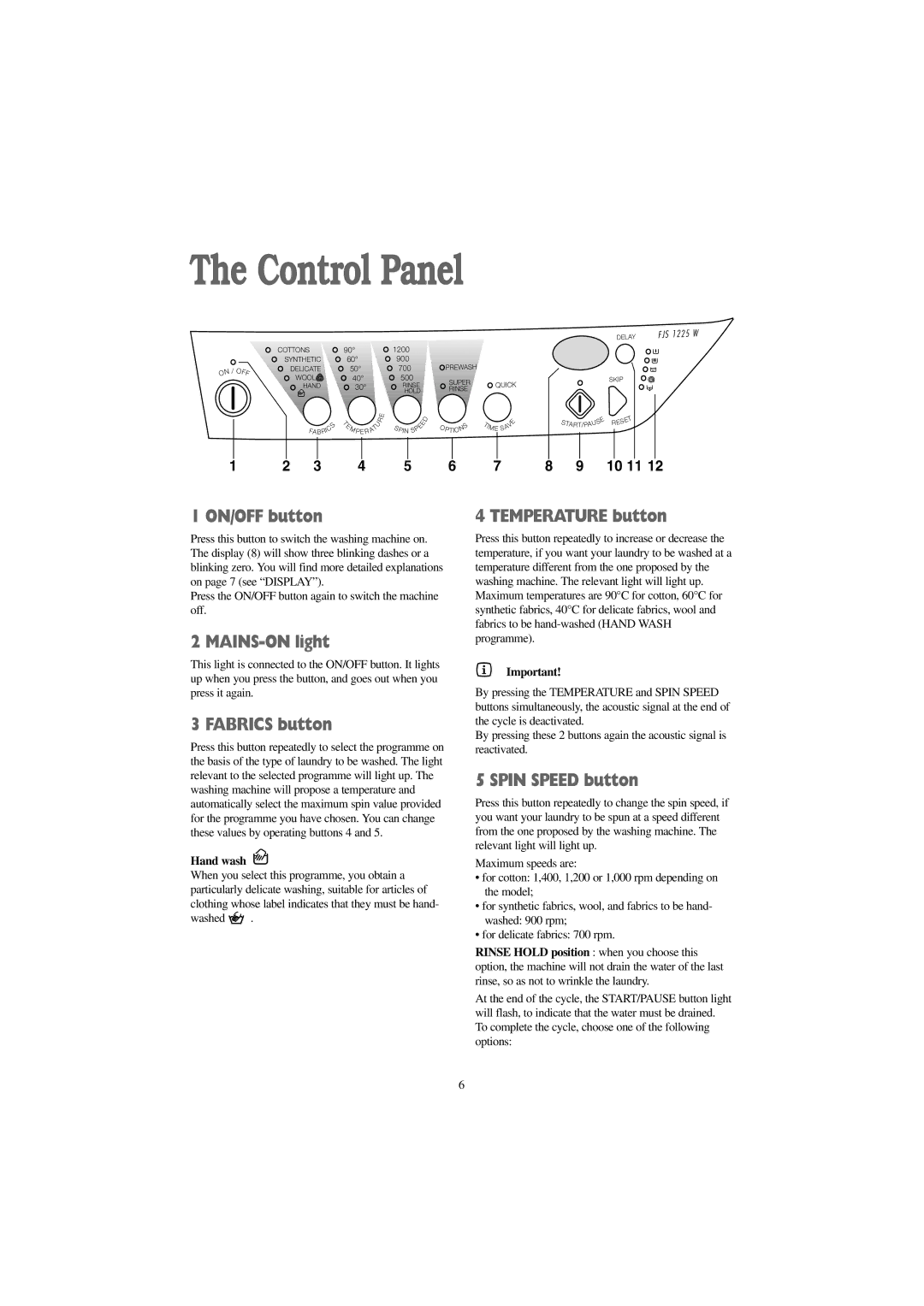 Zanussi FJS 1225 W, FJS 1025 W, FJS 1425 W manual Control Panel 