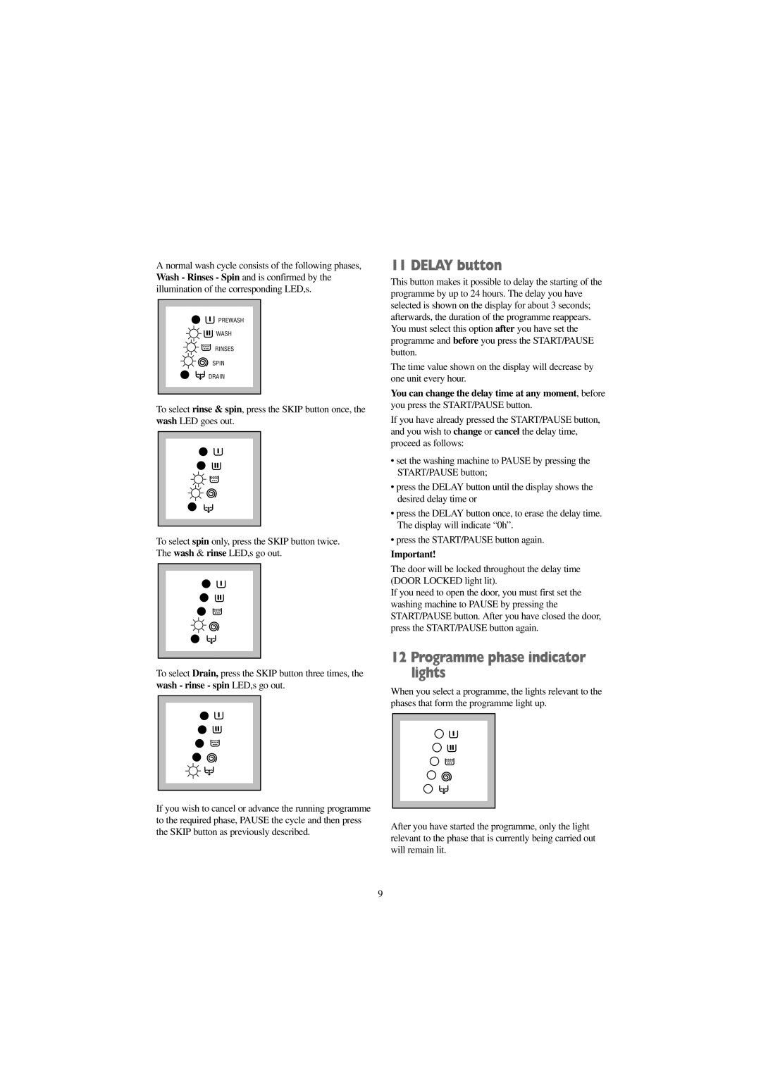 Zanussi FJS 1225 W, FJS 1025 W, FJS 1425 W manual Delay button, Programme phase indicator lights 