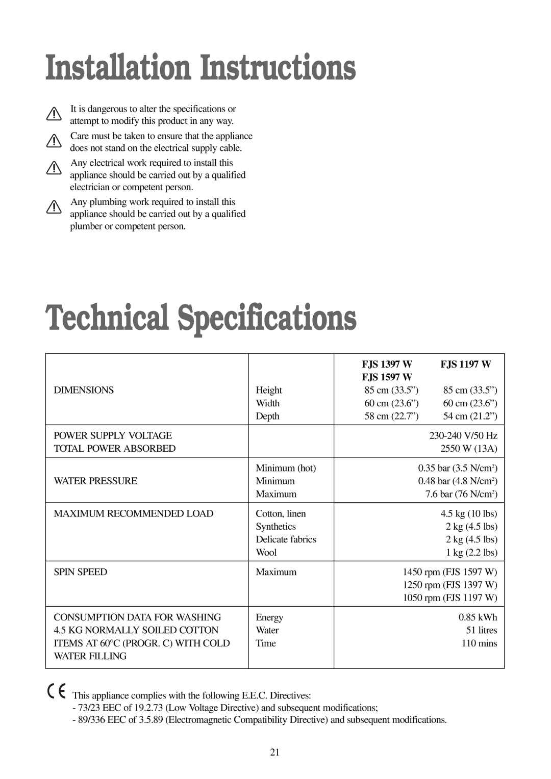 Zanussi manual Installation Instructions, Technical Specifications, FJS 1397 W FJS 1197 W FJS 1597 W 