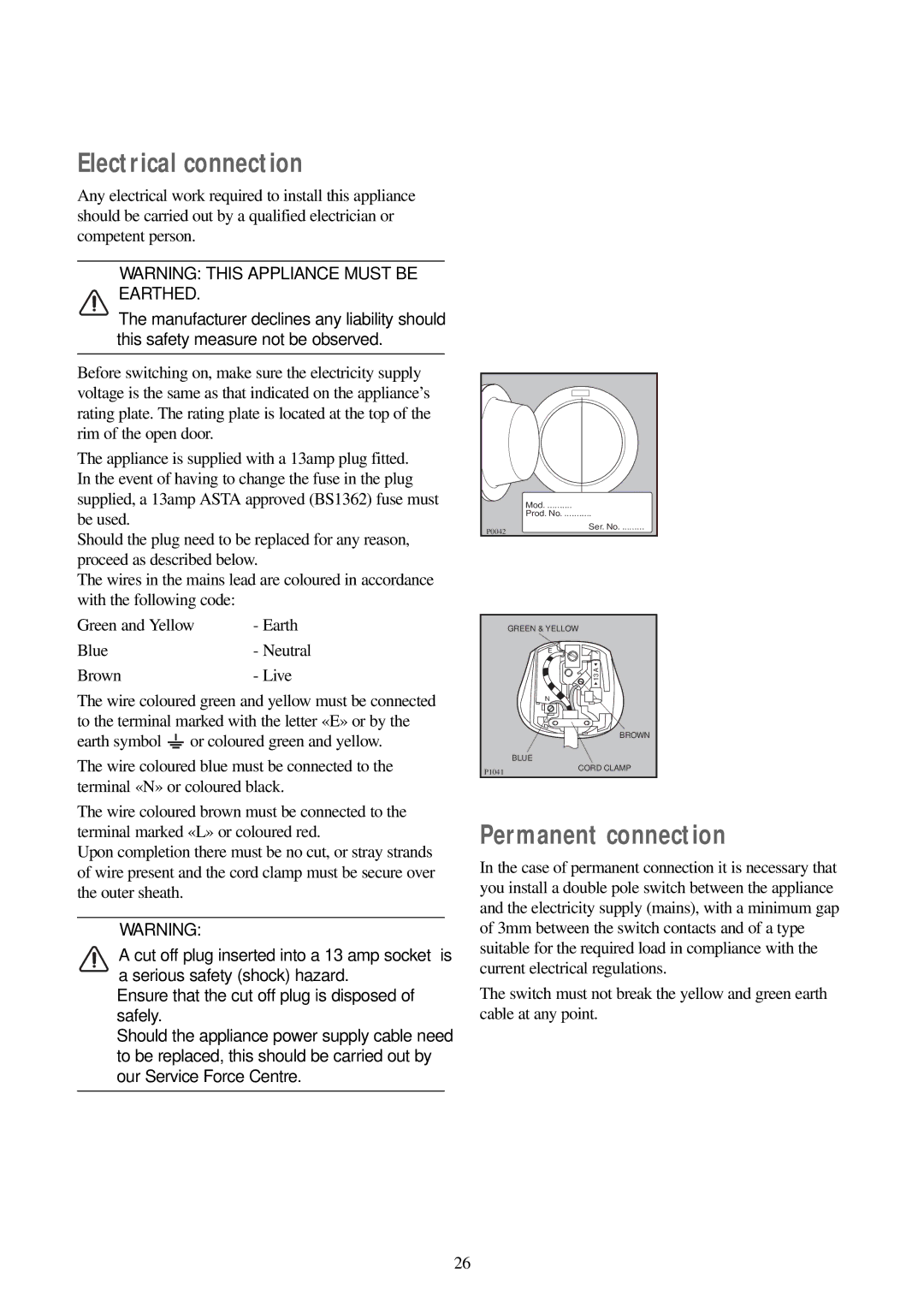 Zanussi FJS 1597 W, FJS 1397 W, FJS 1197 W manual Electrical connection, Permanent connection 