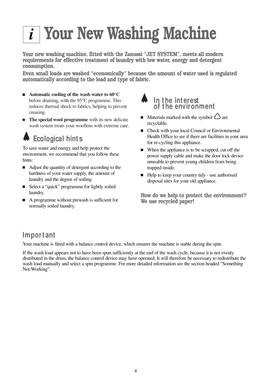 Zanussi FJS 1197 W, FJS 1397 W, FJS 1597 W manual Your New Washing Machine, Ecological hints, Interest Environment 