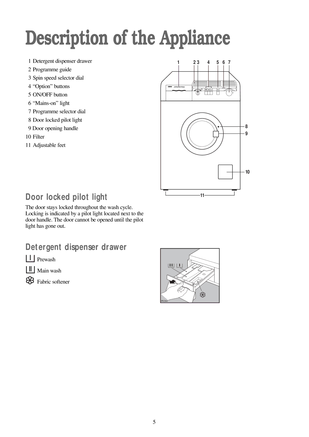 Zanussi FJS 1597 W, FJS 1397 W manual Description of the Appliance, Door locked pilot light, Detergent dispenser drawer 