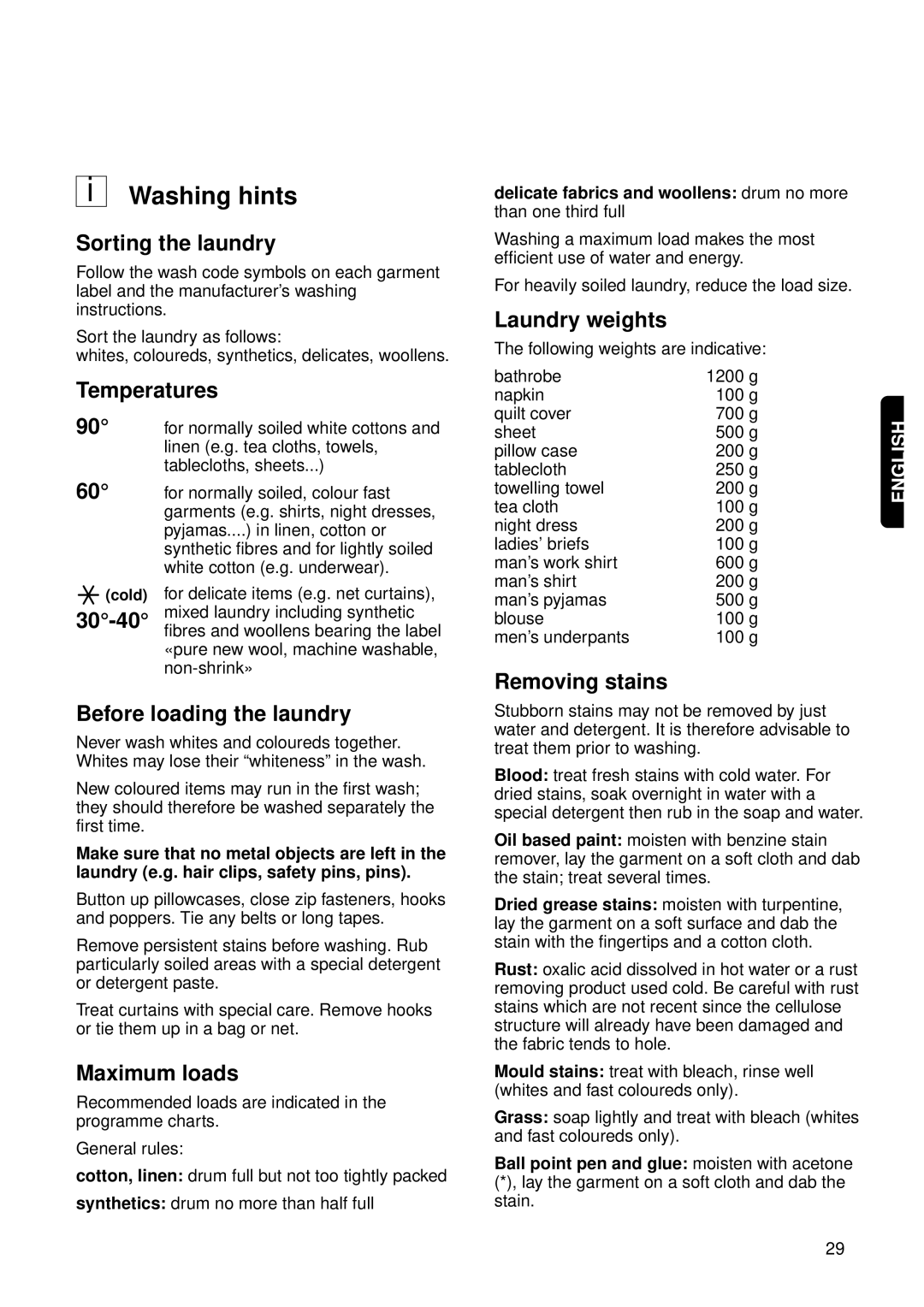 Zanussi FL 1014 V1 instruction manual Washing hints 