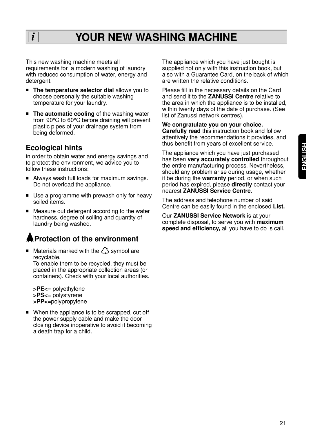 Zanussi FL 1014 V1 instruction manual Your NEW Washing Machine, Ecological hints, Protection of the environment 