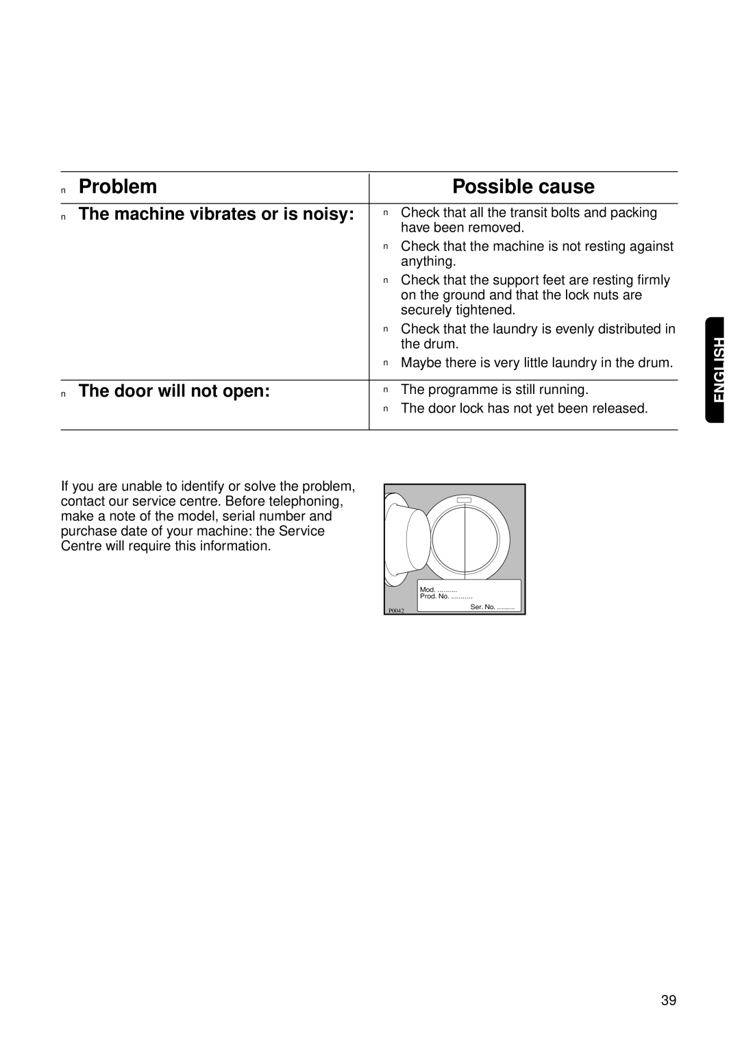 Zanussi FL 1014 V1 instruction manual Machine vibrates or is noisy, Door will not open 