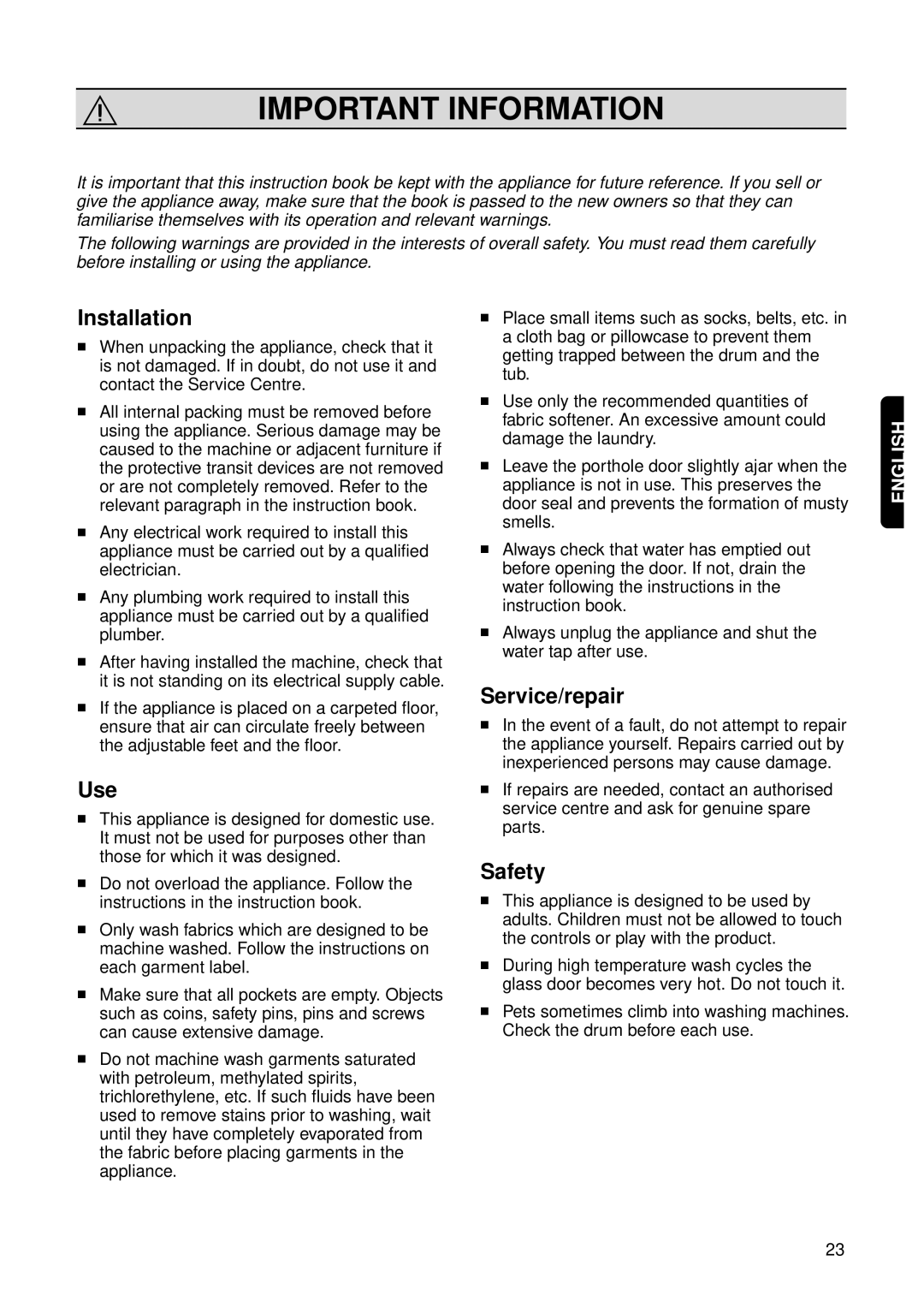 Zanussi FL 1014 V1 instruction manual Important Information, Installation, Use, Service/repair, Safety 