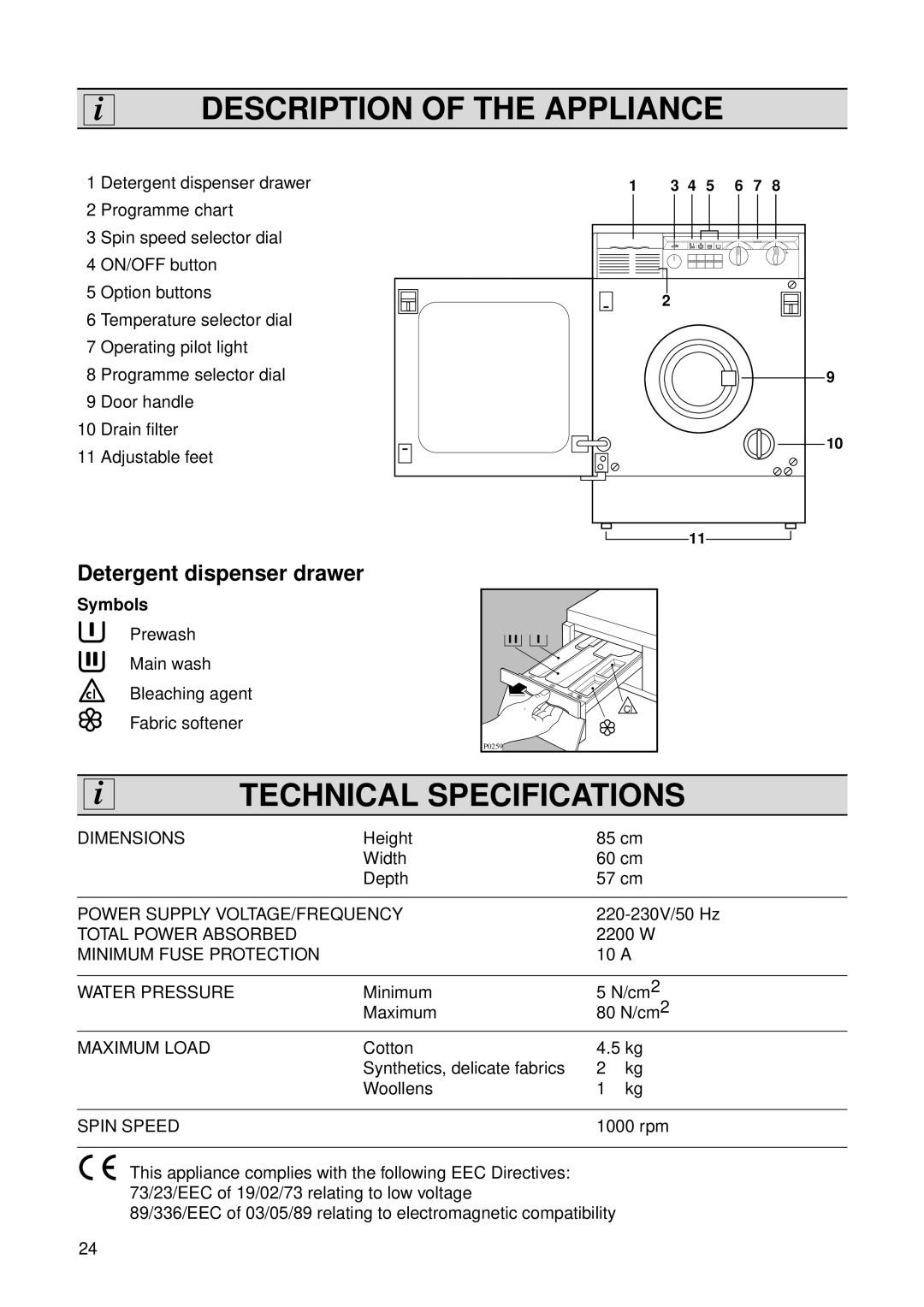 Zanussi FL 1014 V1 instruction manual Description of the Appliance, Technical Specifications, Detergent dispenser drawer 