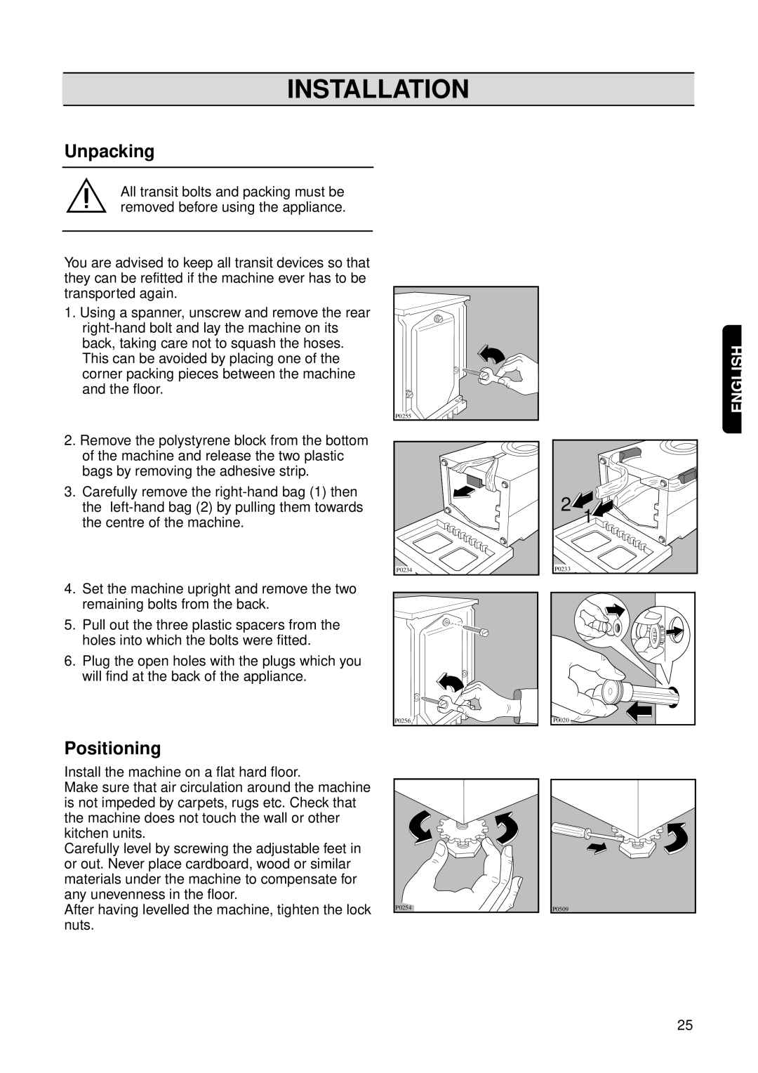 Zanussi FL 1014 V1 instruction manual Installation, Unpacking, Positioning 