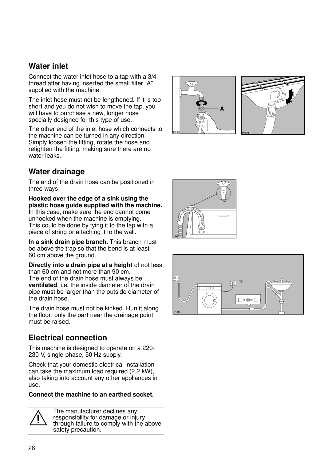 Zanussi FL 1014 V1 instruction manual Water inlet, Water drainage, Electrical connection 