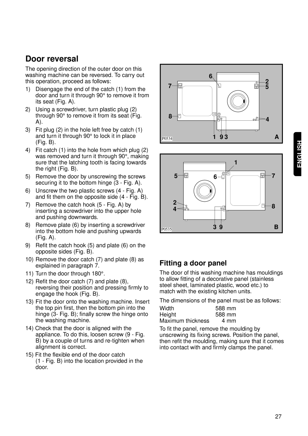 Zanussi FL 1014 V1 instruction manual Door reversal, Fitting a door panel 