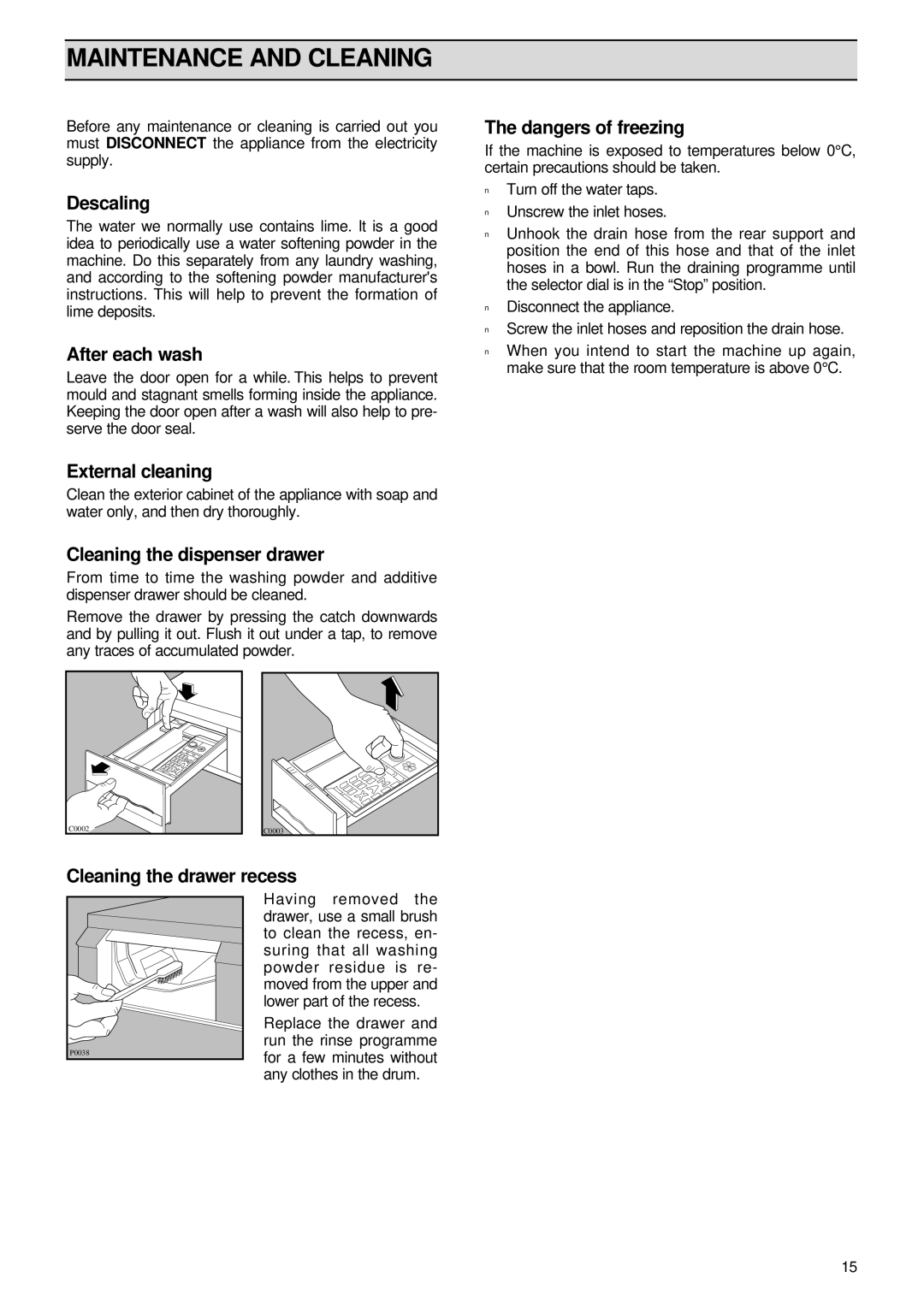 Zanussi FL 1082 manual Maintenance and Cleaning 