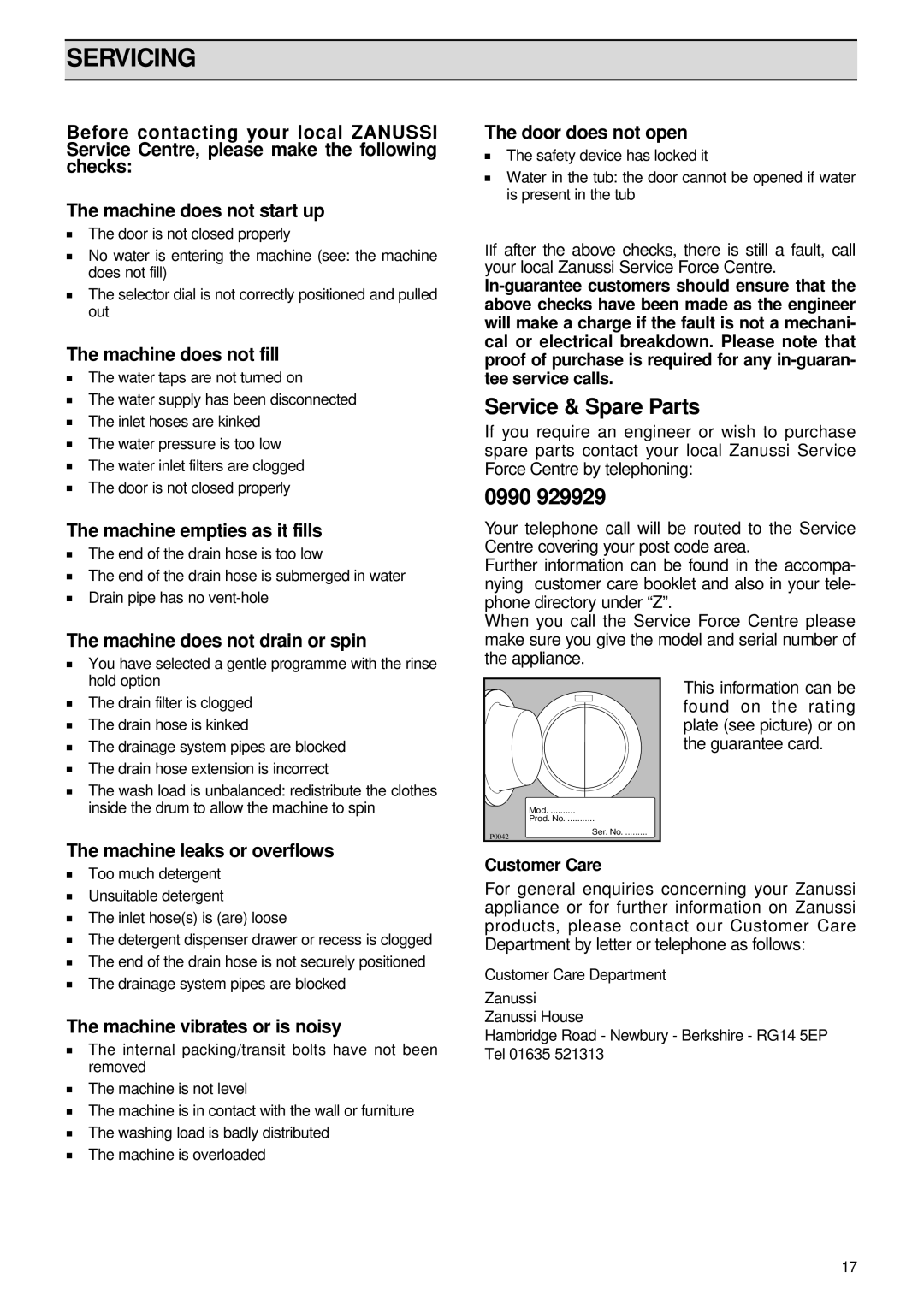 Zanussi FL 1082 manual Servicing 