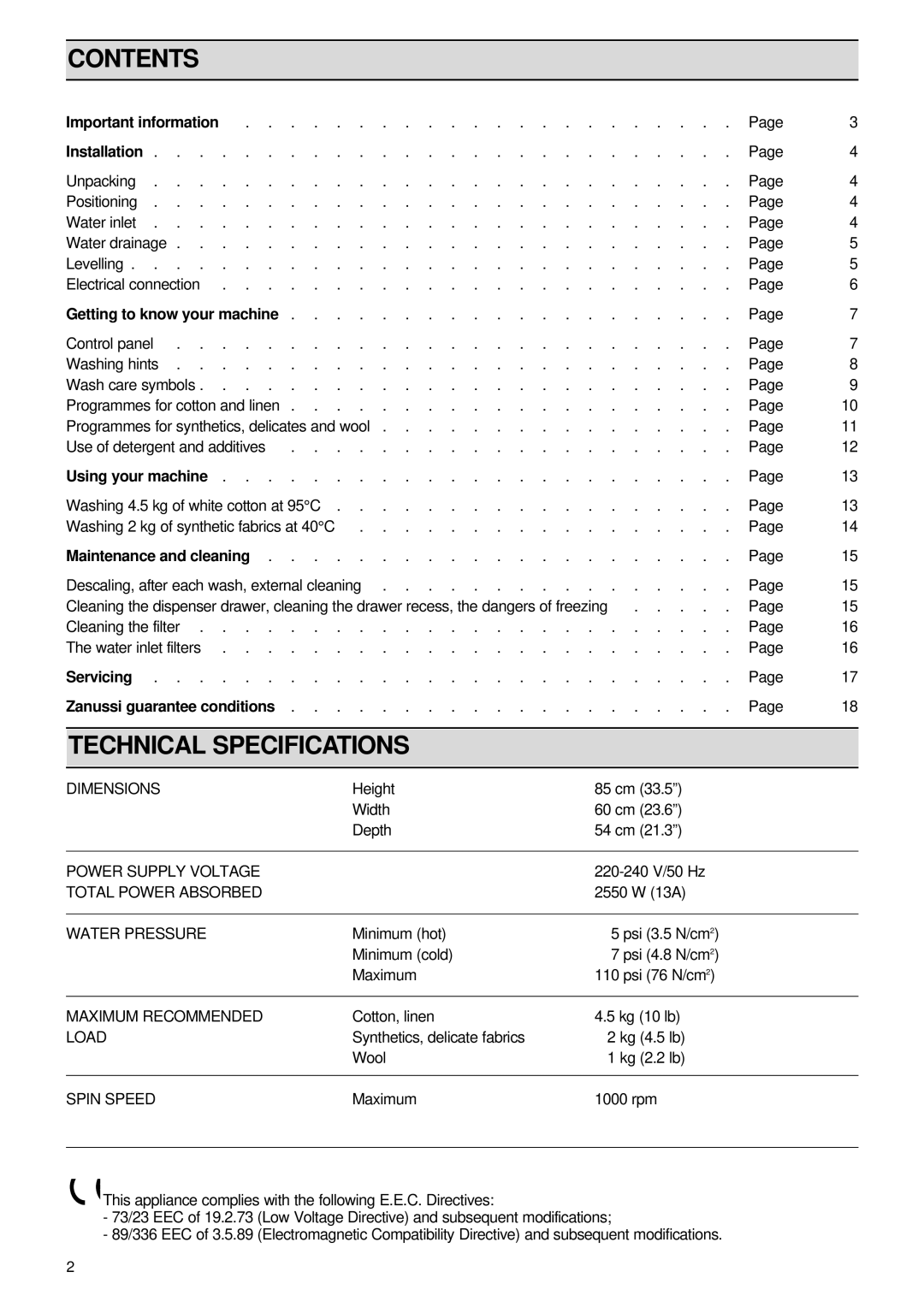 Zanussi FL 1082 manual Contents, Technical Specifications 