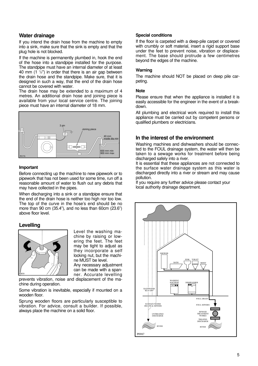 Zanussi FL 1082 manual Water drainage, Levelling, Interest of the environment, Special conditions 