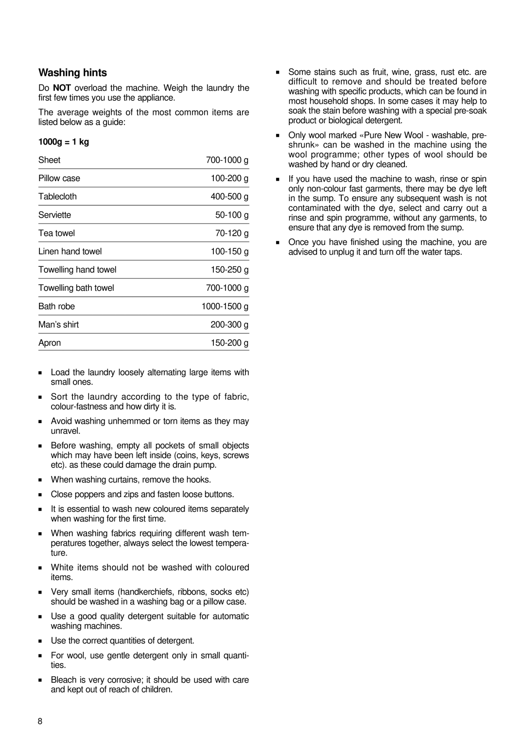 Zanussi FL 1082 manual Washing hints, 1000g = 1 kg 