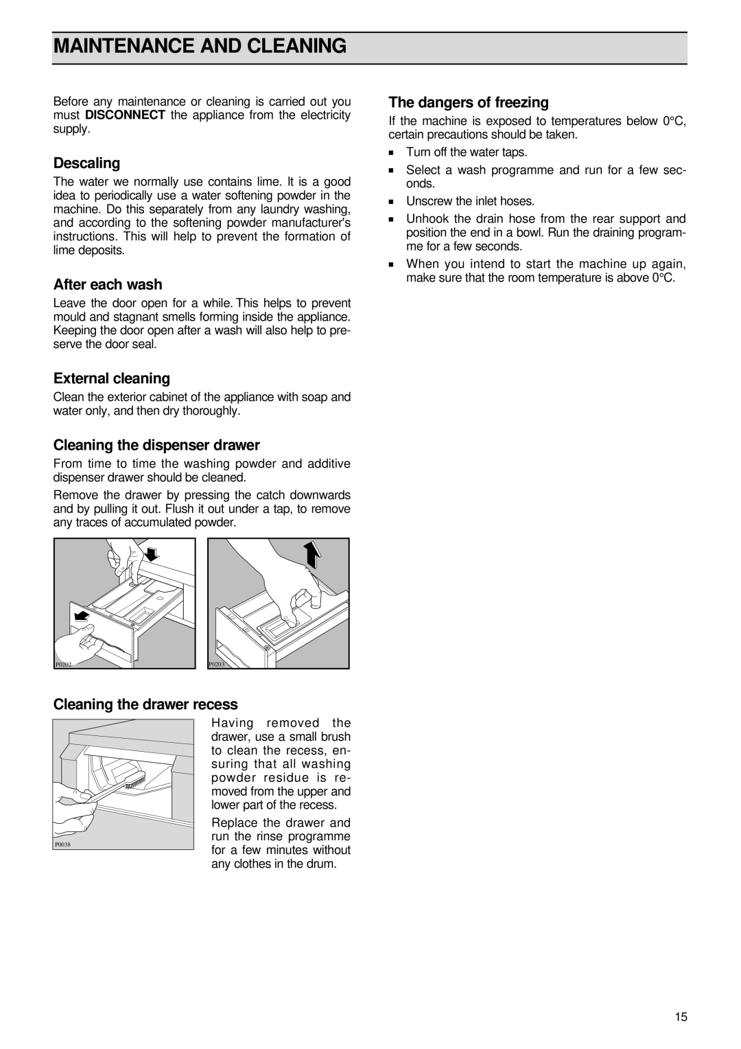 Zanussi FL 1085 AL manual Maintenance and Cleaning 