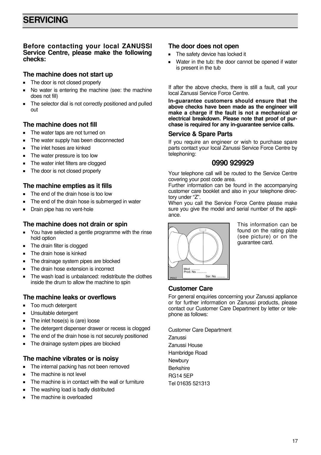 Zanussi FL 1085 AL manual Servicing 