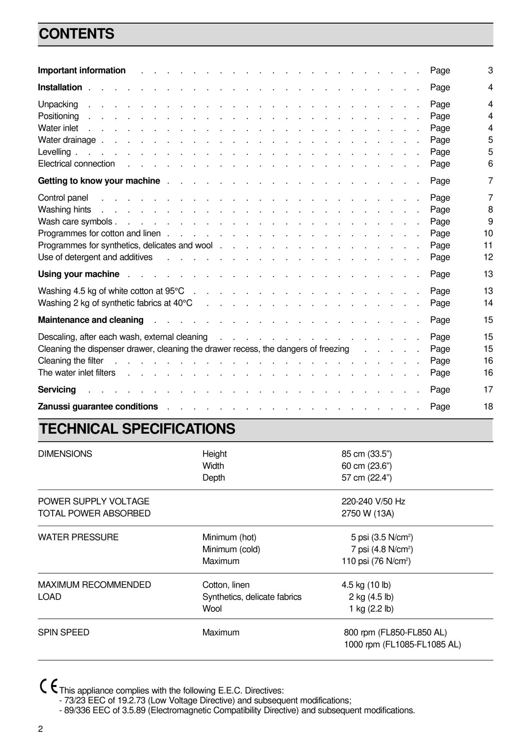 Zanussi FL 1085 AL manual Contents, Technical Specifications 