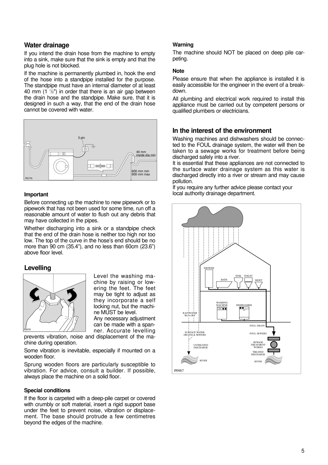 Zanussi FL 1085 AL manual Water drainage, Levelling, Interest of the environment, Special conditions 