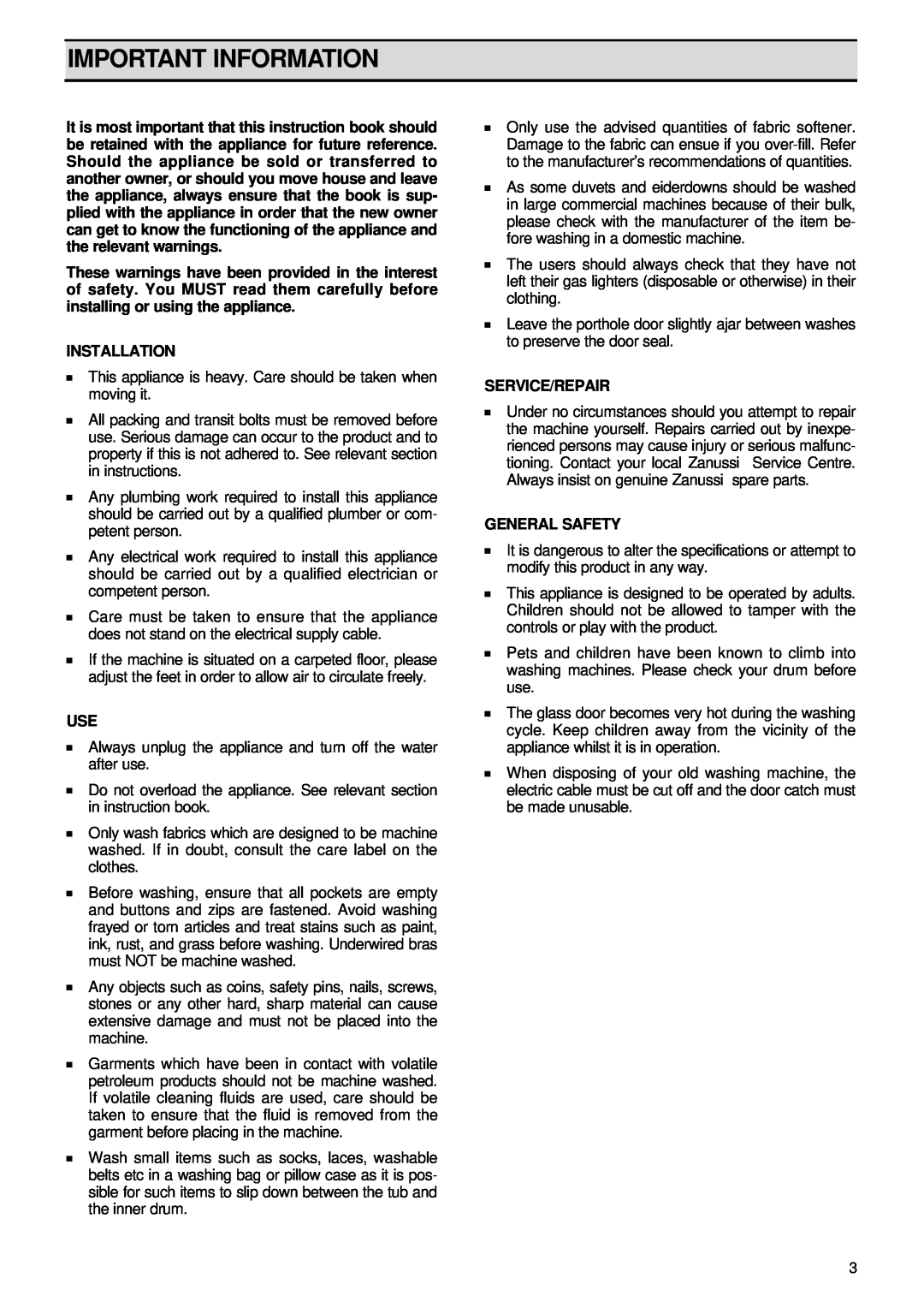 Zanussi FL 1085 AL manual Important Information, Installation, Service/Repair, General Safety 