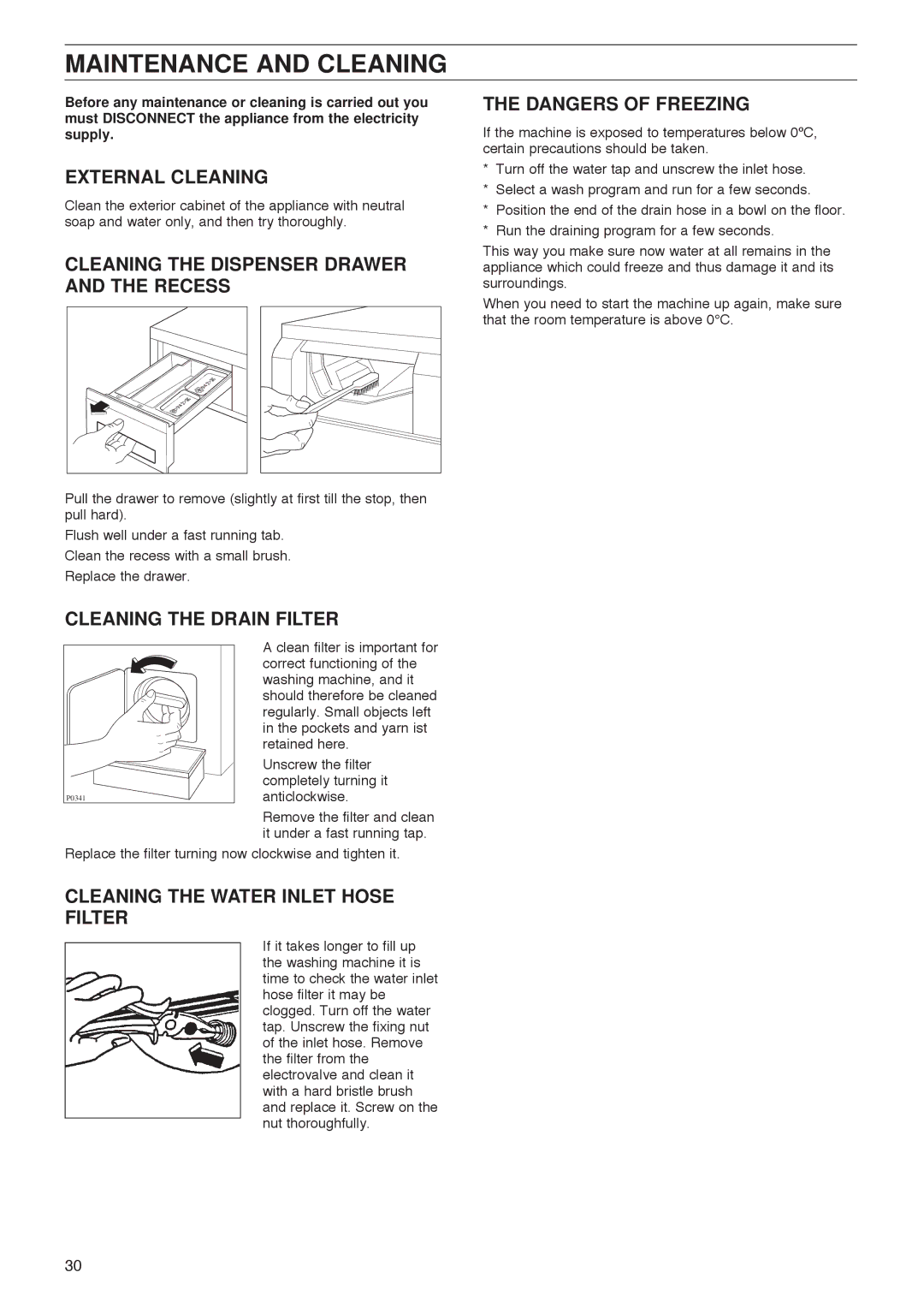 Zanussi FLS 522 C manual Maintenance and Cleaning, External Cleaning, Cleaning the Dispenser Drawer and the Recess 