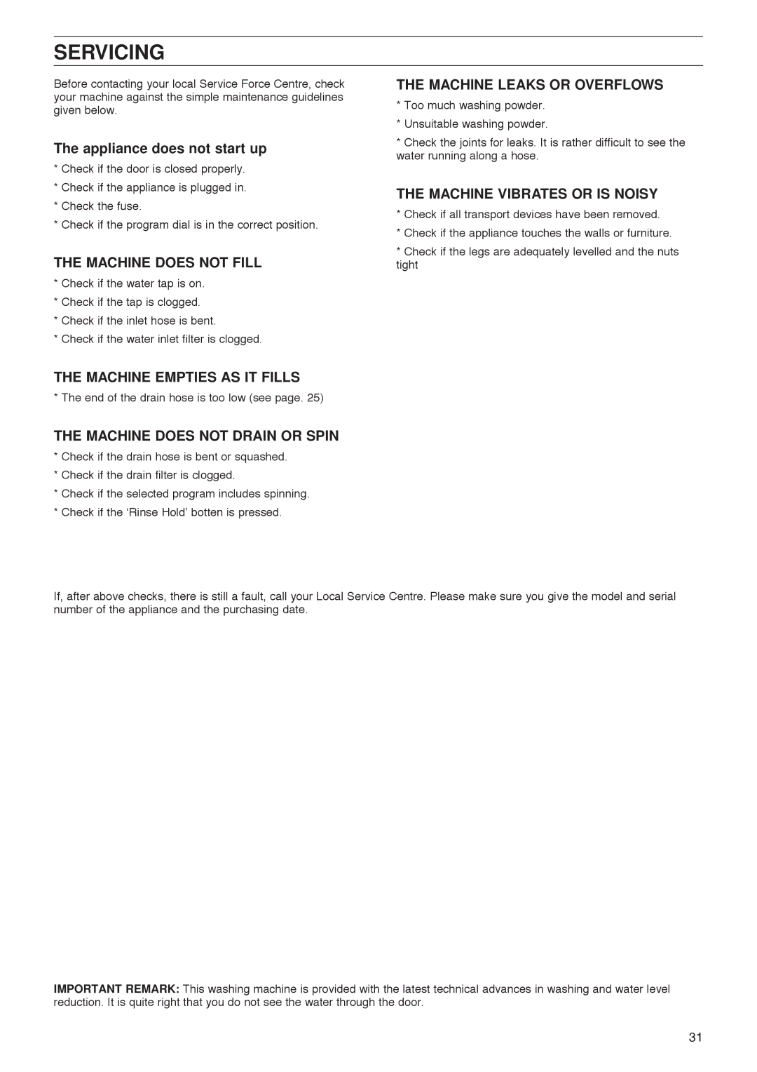 Zanussi FLS 522 C manual Servicing, Appliance does not start up 