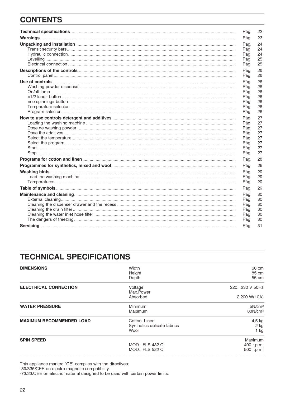 Zanussi FLS 522 C manual Contents, Technical Specifications 