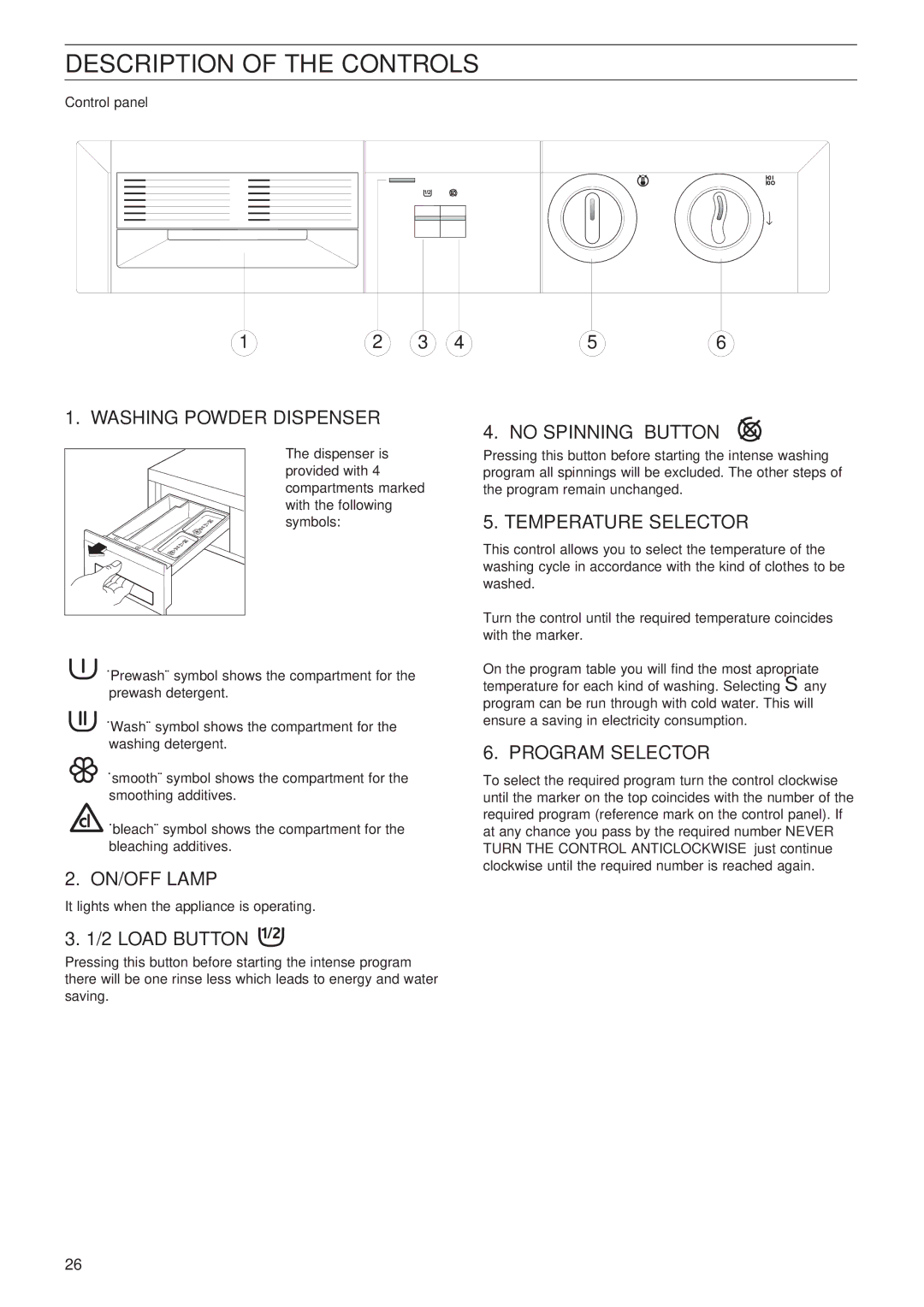 Zanussi FLS 522 C manual Description of the Controls 